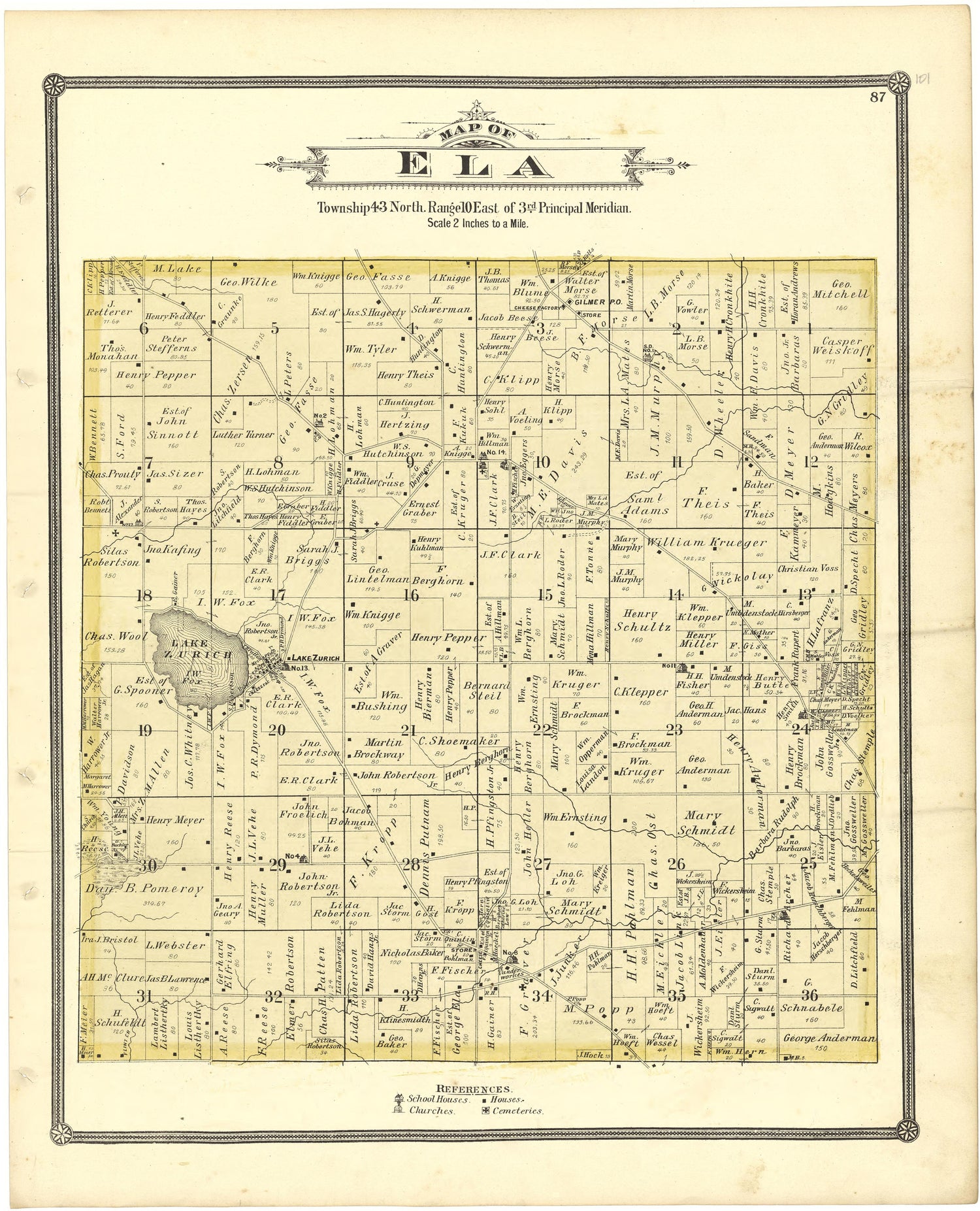 Map of Ela from Illustrated Atlas of Lake County, Illinois : Containing Maps of Every Township In the County, With Village and City Plats : Also Maps of Michigan ... Texas, and Washington Territory : Compiled … 1885 by Relic Map Company
