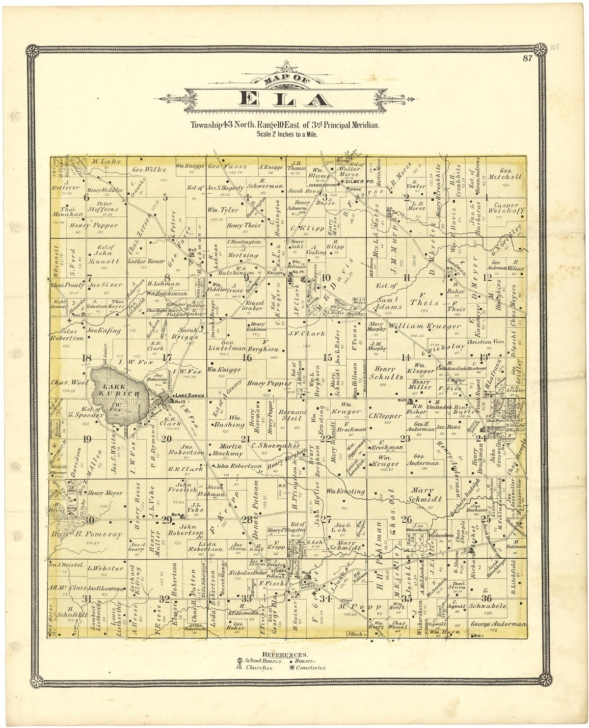 Map of Ela from Illustrated Atlas of Lake County, Illinois : Containing Maps of Every Township In the County, With Village and City Plats : Also Maps of Michigan ... Texas, and Washington Territory : Compiled … 1885 by Relic Map Company
