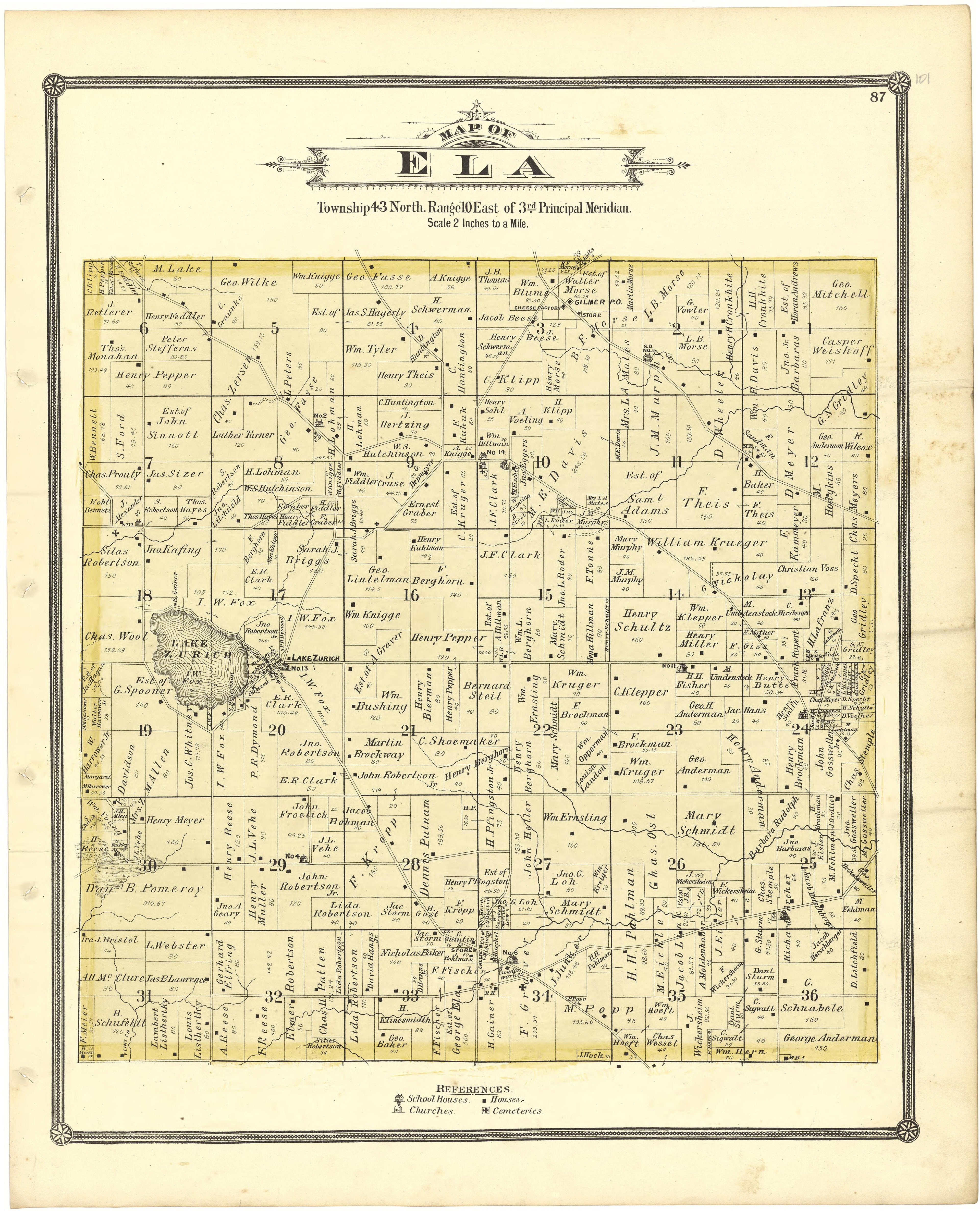 Map of Ela from Illustrated Atlas of Lake County, Illinois : Containing Maps of Every Township In the County, With Village and City Plats : Also Maps of Michigan ... Texas, and Washington Territory : Compiled … 1885 by Relic Map Company