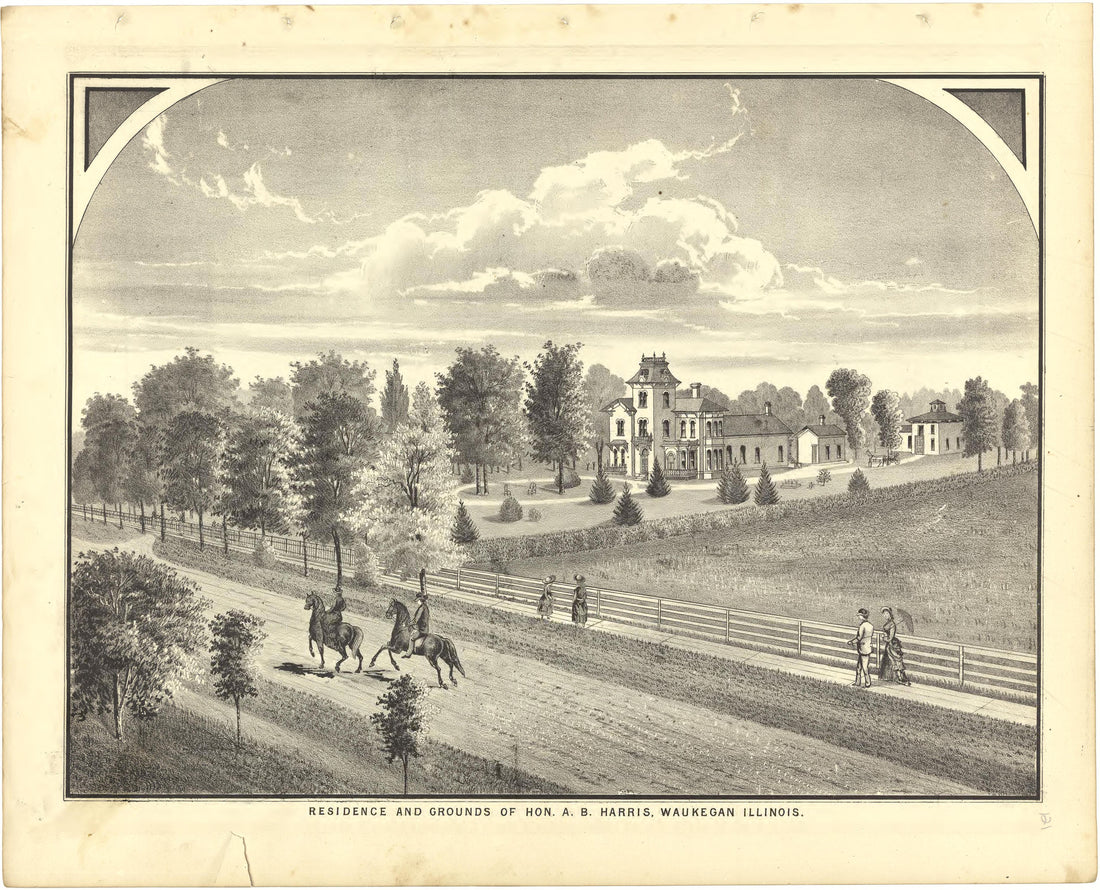 Illustration - Residence and Grounds of Hon. A.B. Harris, Waukegan, Illinois from Illustrated Atlas of Lake County, Illinois : Containing Maps of Every Township In the County, With Village and City Plats : Also Maps of Michigan ... Texas, and Washingt... by Relic Map Company
