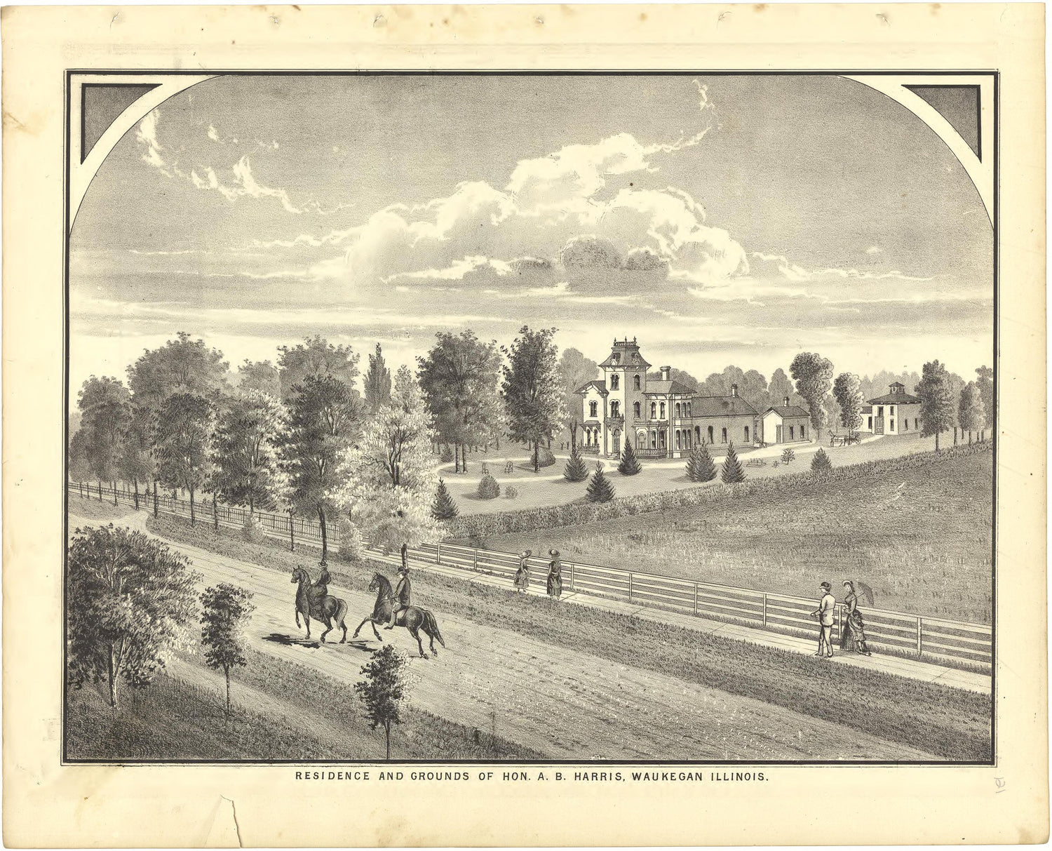 Illustration - Residence and Grounds of Hon. A.B. Harris, Waukegan, Illinois from Illustrated Atlas of Lake County, Illinois : Containing Maps of Every Township In the County, With Village and City Plats : Also Maps of Michigan ... Texas, and Washingt... by Relic Map Company