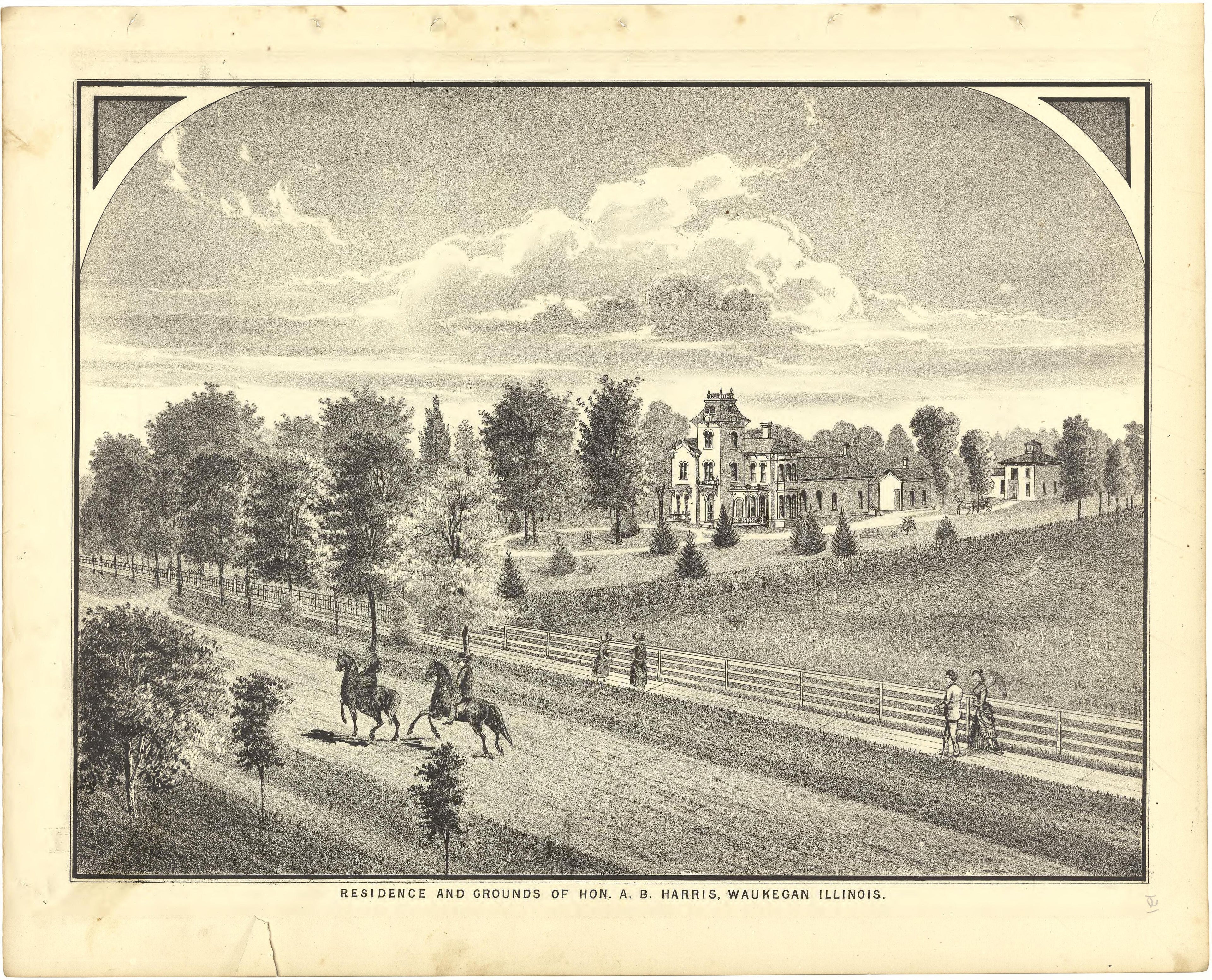 Illustration - Residence and Grounds of Hon. A.B. Harris, Waukegan, Illinois from Illustrated Atlas of Lake County, Illinois : Containing Maps of Every Township In the County, With Village and City Plats : Also Maps of Michigan ... Texas, and Washingt... by Relic Map Company