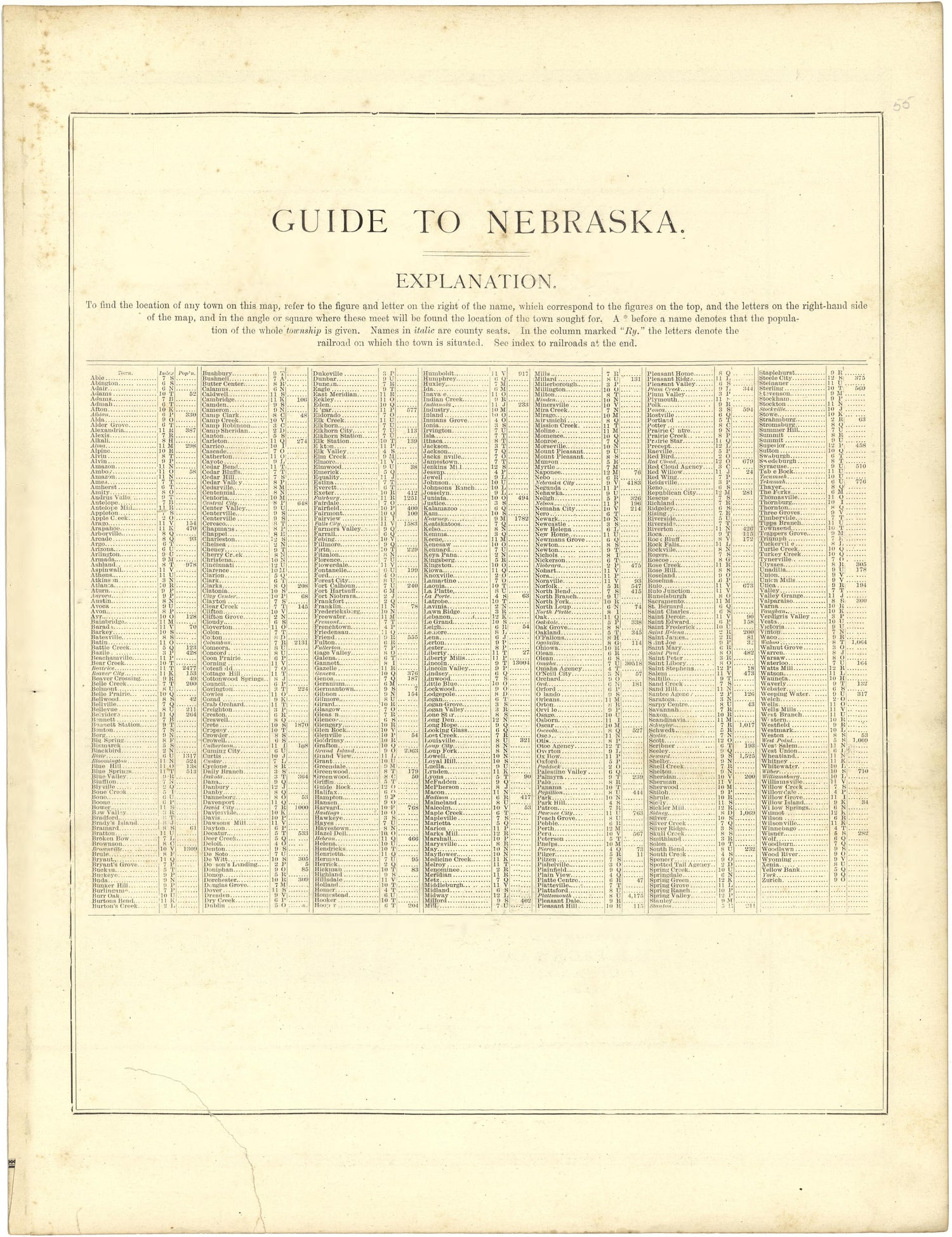 Guide to Nebraska from Illustrated Atlas of Lake County, Illinois : Containing Maps of Every Township In the County, With Village and City Plats : Also Maps of Michigan ... Texas, and Washington Territory : Compiled … 1885 by Relic Map Company