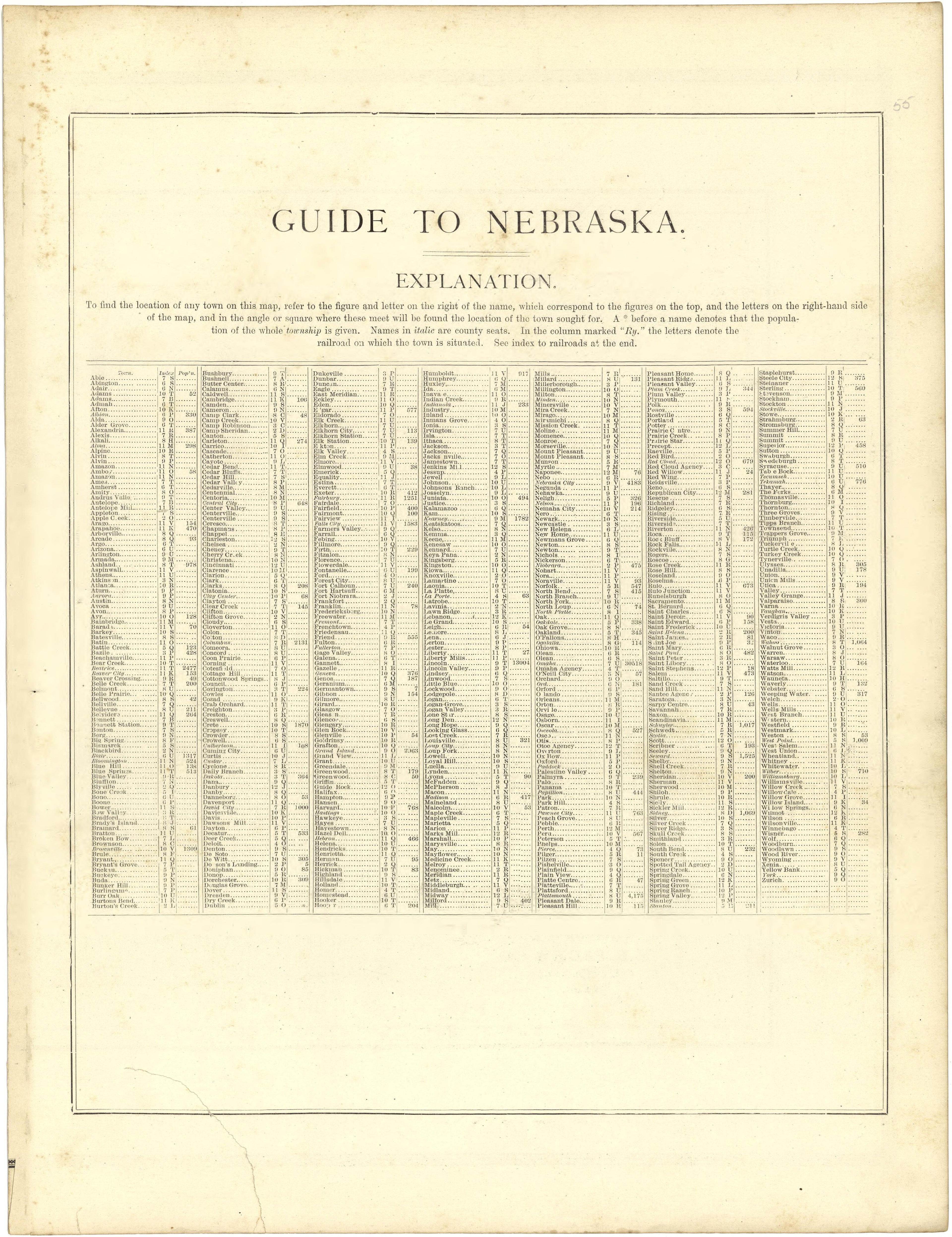 Guide to Nebraska from Illustrated Atlas of Lake County, Illinois : Containing Maps of Every Township In the County, With Village and City Plats : Also Maps of Michigan ... Texas, and Washington Territory : Compiled … 1885 by Relic Map Company