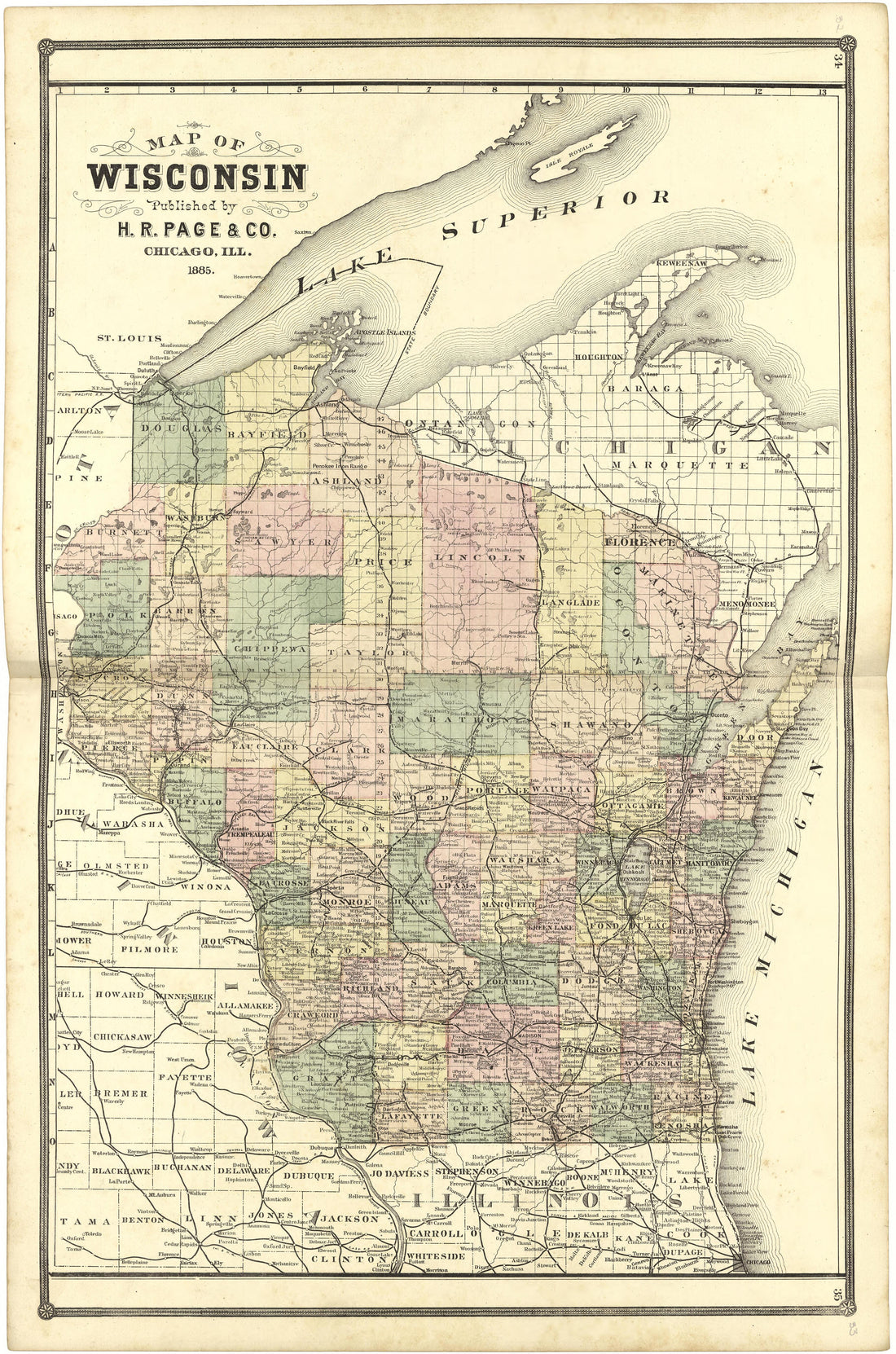 Map of Wisconsin from Illustrated Atlas of Lake County, Illinois : Containing Maps of Every Township In the County, With Village and City Plats : Also Maps of Michigan ... Texas, and Washington Territory : Compiled … 1885 by Relic Map Company