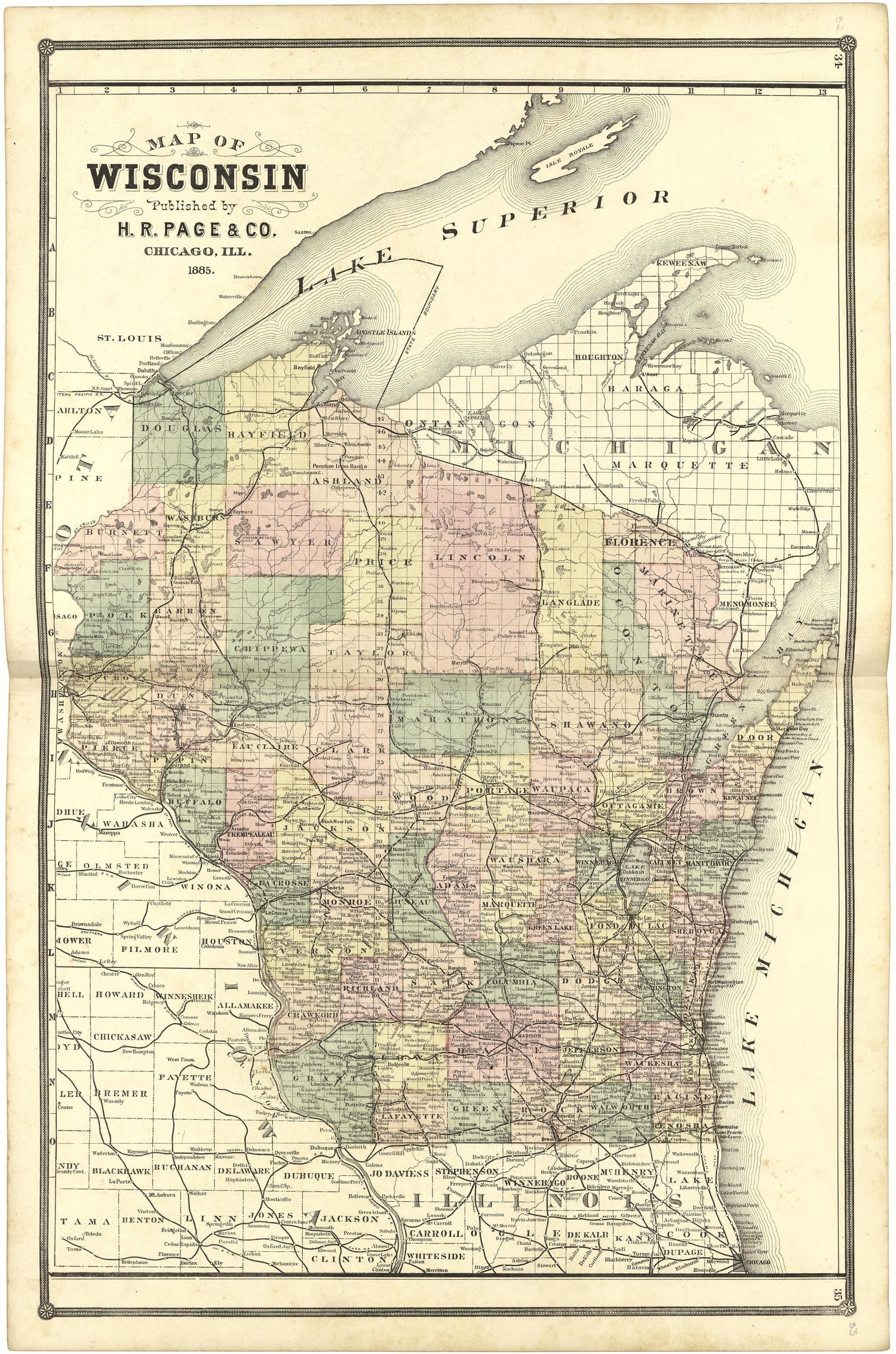 Map of Wisconsin from Illustrated Atlas of Lake County, Illinois : Containing Maps of Every Township In the County, With Village and City Plats : Also Maps of Michigan ... Texas, and Washington Territory : Compiled … 1885 by Relic Map Company