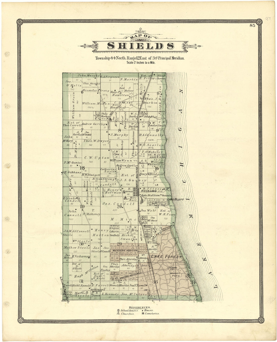 Map of Shields from Illustrated Atlas of Lake County, Illinois : Containing Maps of Every Township In the County, With Village and City Plats : Also Maps of Michigan ... Texas, and Washington Territory : Compiled … 1885 by Relic Map Company
