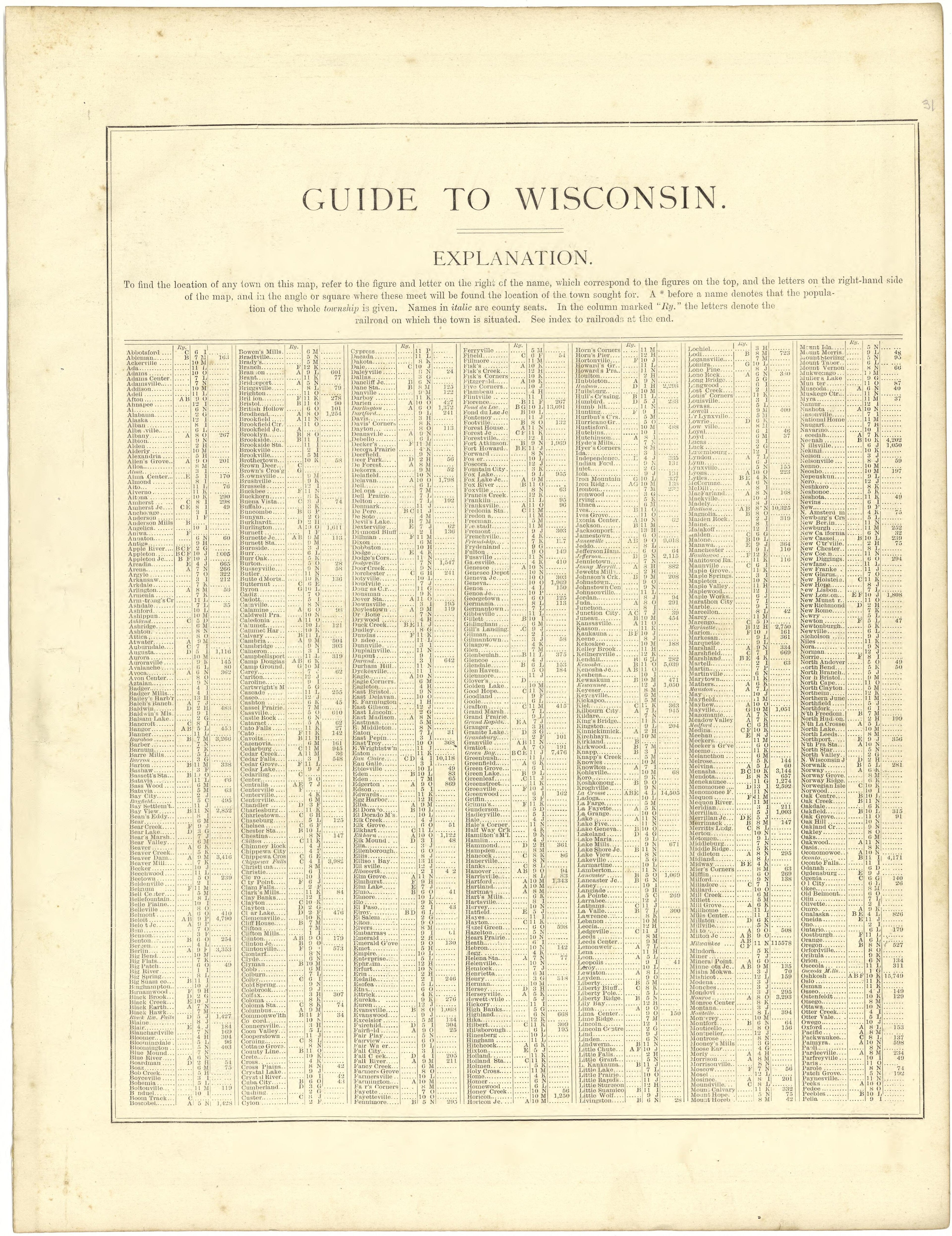 Guide to Wisconsin from Illustrated Atlas of Lake County, Illinois : Containing Maps of Every Township In the County, With Village and City Plats : Also Maps of Michigan ... Texas, and Washington Territory : Compiled … 1885 by Relic Map Company