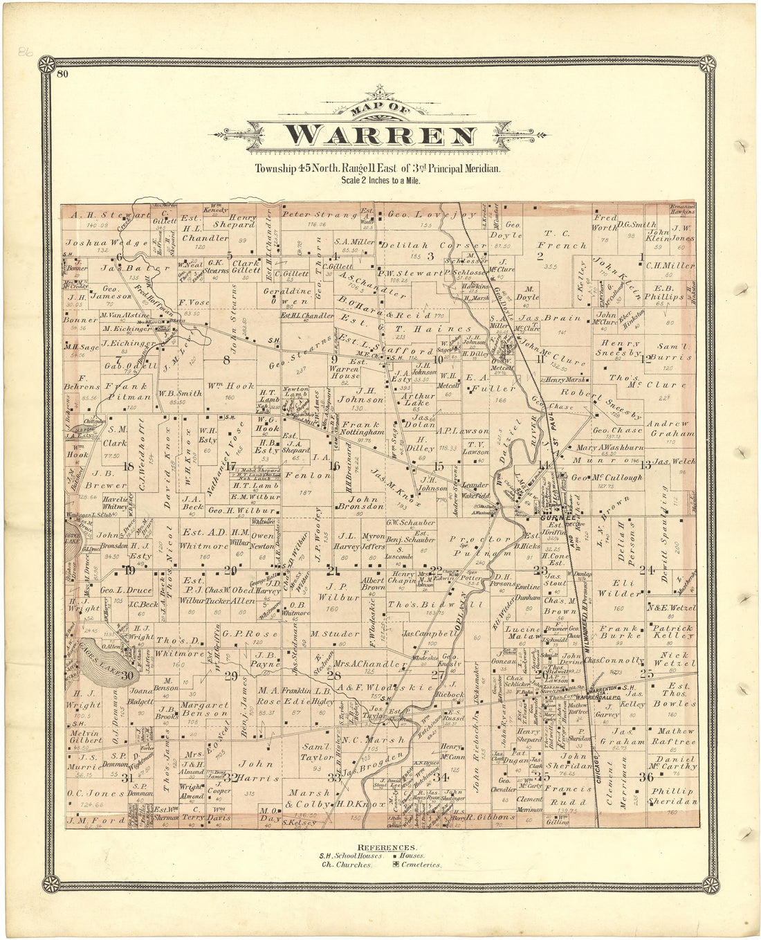 Map of Warren from Illustrated Atlas of Lake County, Illinois : Containing Maps of Every Township In the County, With Village and City Plats : Also Maps of Michigan ... Texas, and Washington Territory : Compiled … 1885 by Relic Map Company