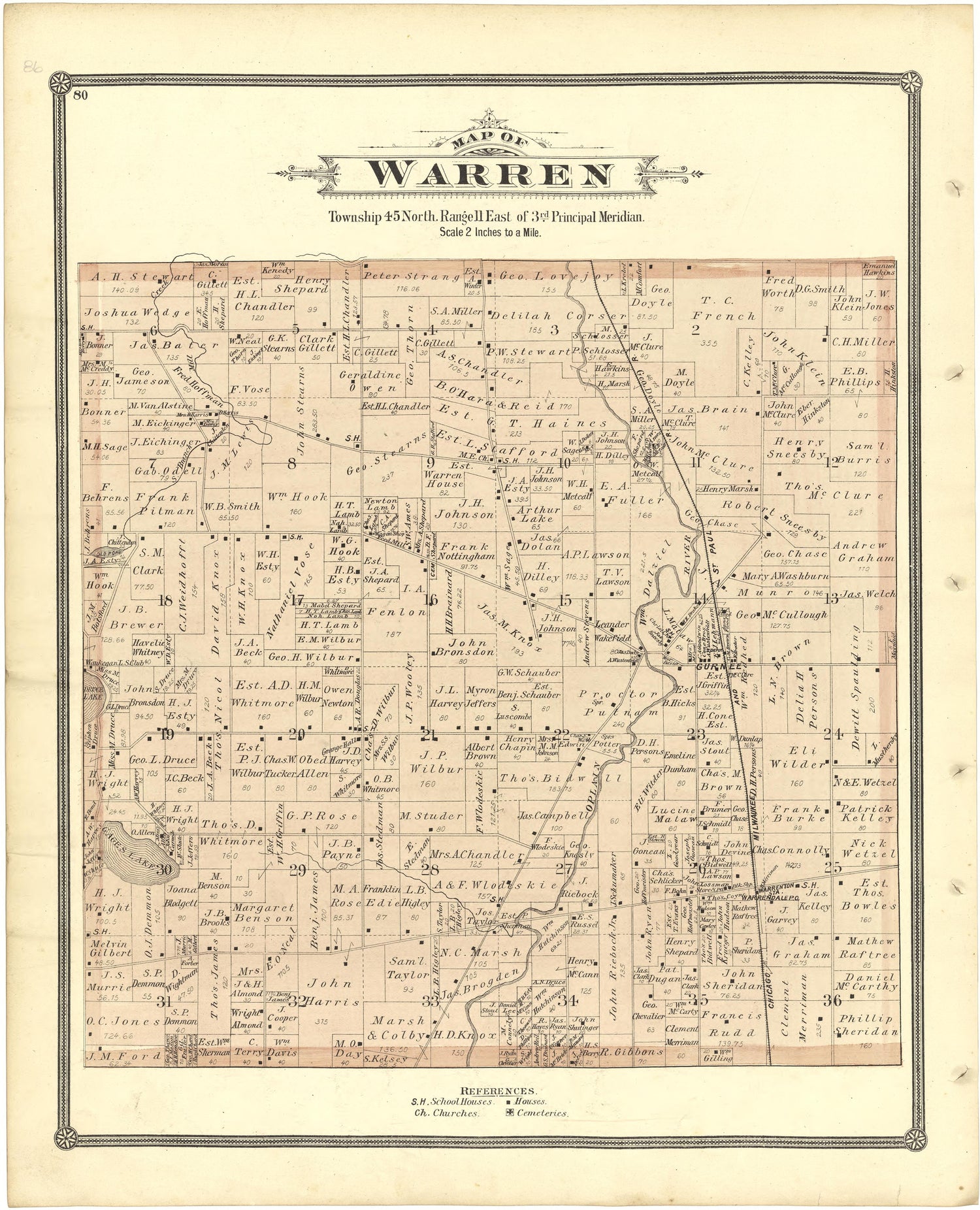 Map of Warren from Illustrated Atlas of Lake County, Illinois : Containing Maps of Every Township In the County, With Village and City Plats : Also Maps of Michigan ... Texas, and Washington Territory : Compiled … 1885 by Relic Map Company