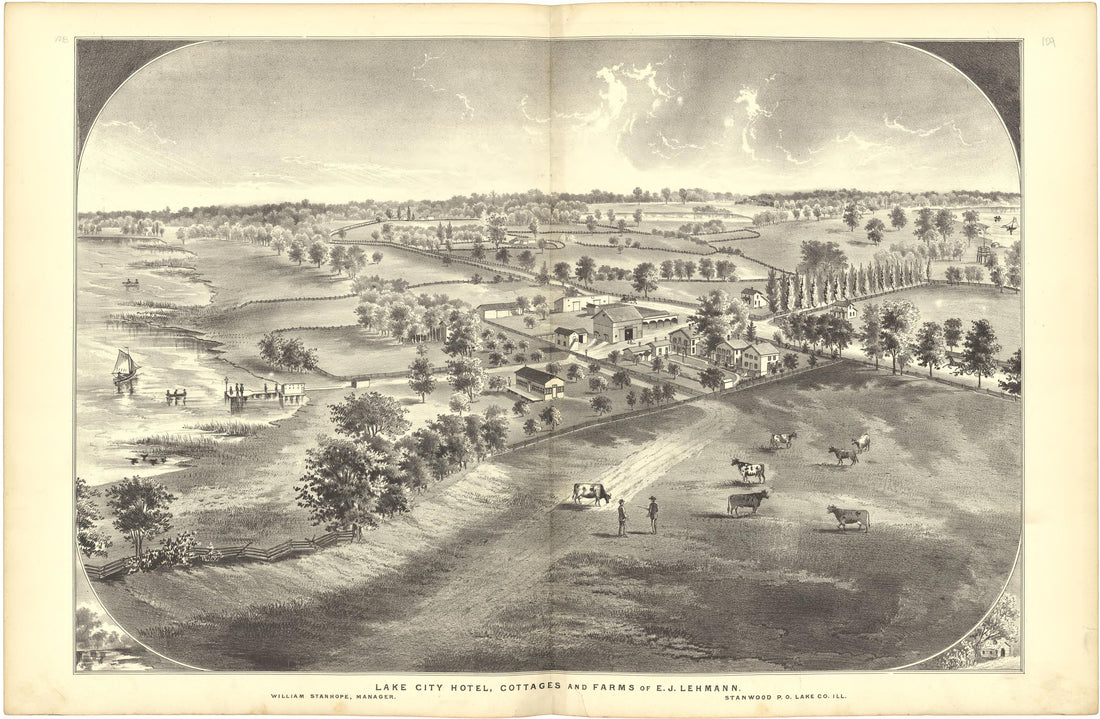 Illustration - Lake City Hotel, Cottages and Farms of E.J. Lehmann from Illustrated Atlas of Lake County, Illinois : Containing Maps of Every Township In the County, With Village and City Plats : Also Maps of Michigan ... Texas, and Washington Territo... by Relic Map Company