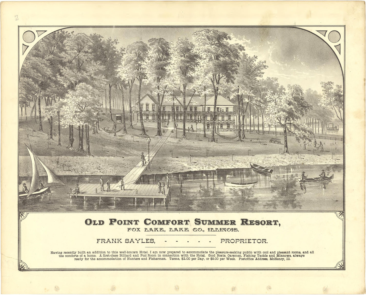 Illustration - Old Point Comfort Summer Resort from Illustrated Atlas of Lake County, Illinois : Containing Maps of Every Township In the County, With Village and City Plats : Also Maps of Michigan ... Texas, and Washington Territory : Compiled … 1885 by Relic Map Company
