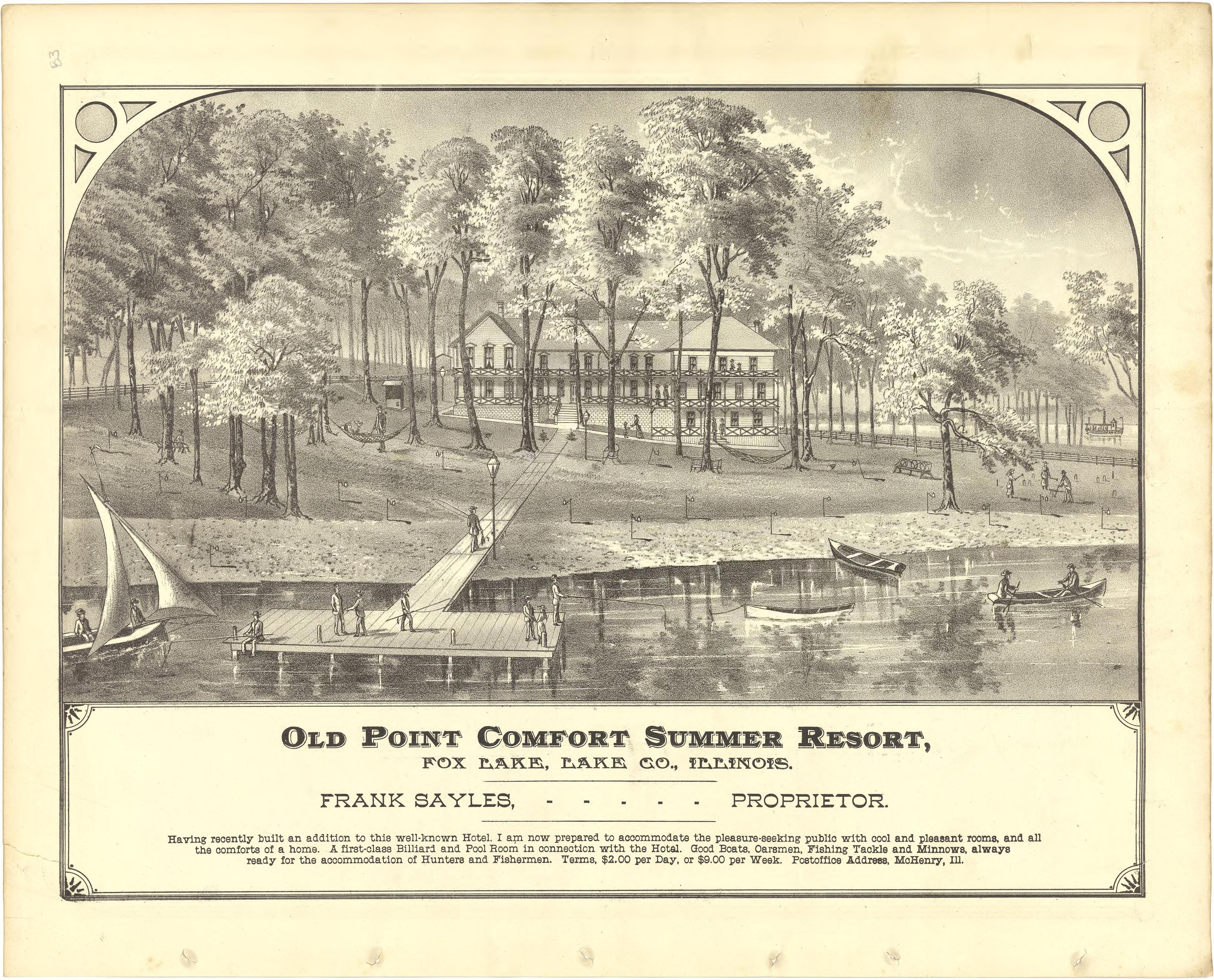 Illustration - Old Point Comfort Summer Resort from Illustrated Atlas of Lake County, Illinois : Containing Maps of Every Township In the County, With Village and City Plats : Also Maps of Michigan ... Texas, and Washington Territory : Compiled … 1885 by Relic Map Company
