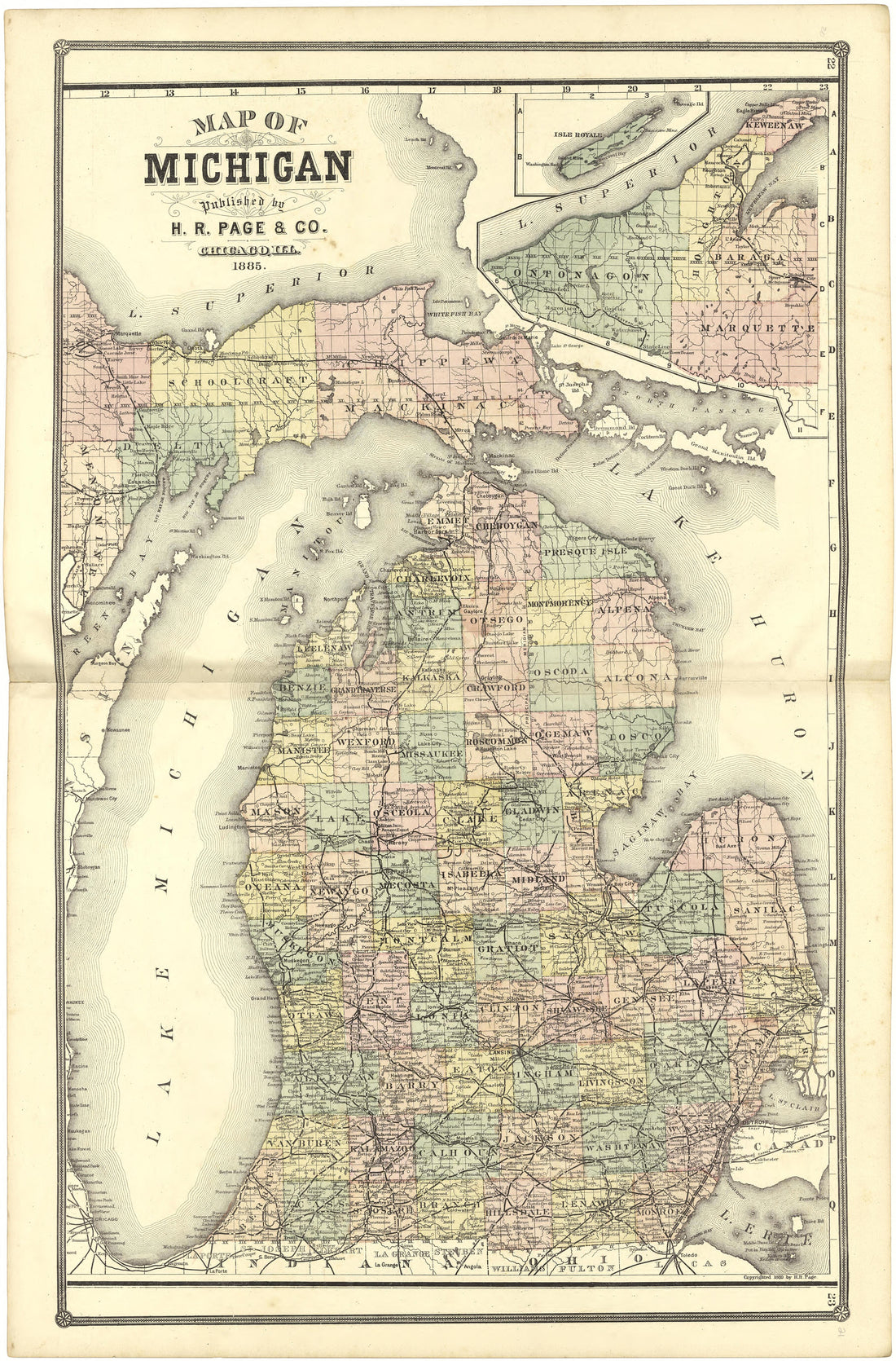 Map of Michigan from Illustrated Atlas of Lake County, Illinois : Containing Maps of Every Township In the County, With Village and City Plats : Also Maps of Michigan ... Texas, and Washington Territory : Compiled … 1885 by Relic Map Company