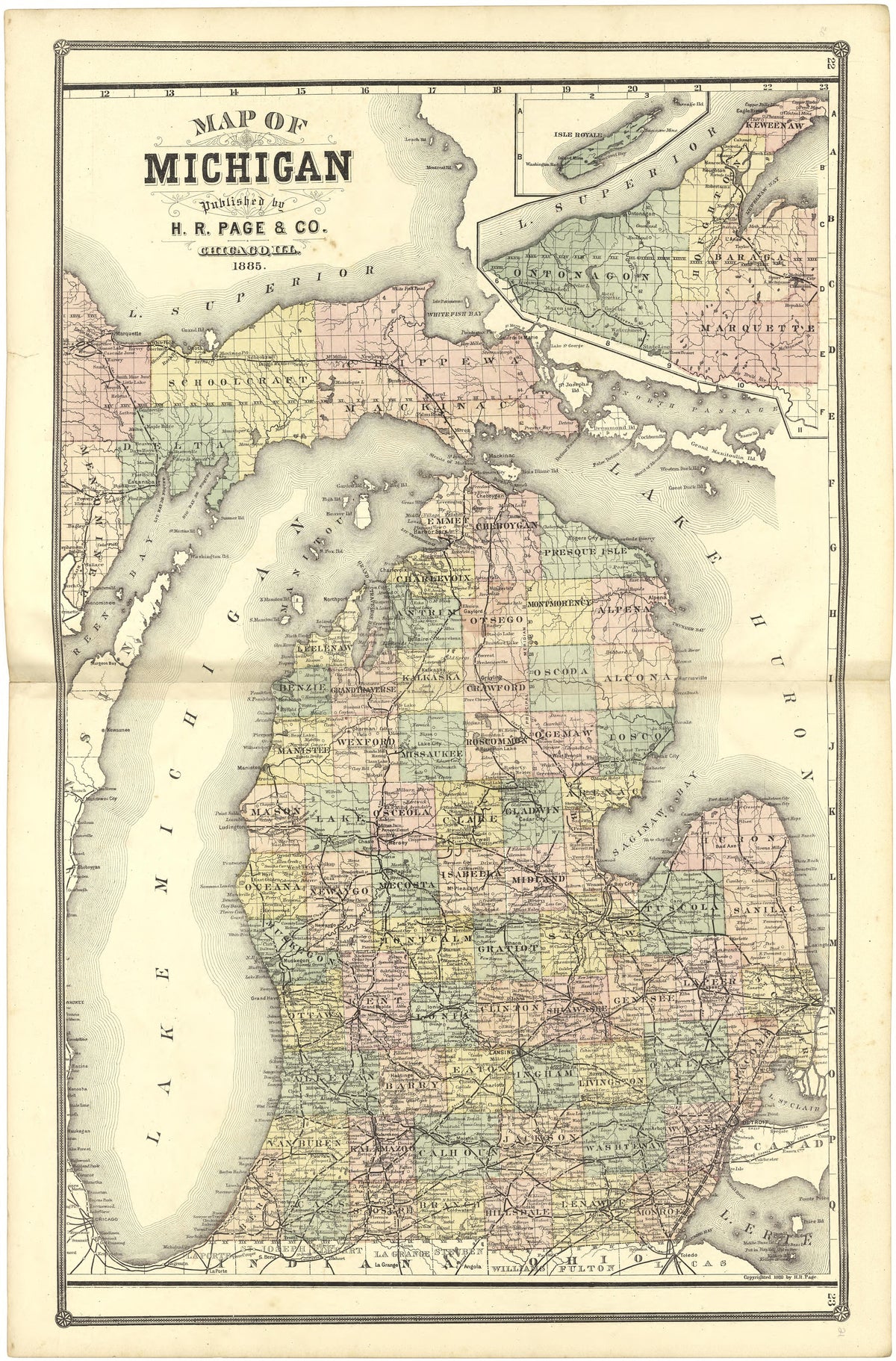 Map of Michigan from Illustrated Atlas of Lake County, Illinois : Containing Maps of Every Township In the County, With Village and City Plats : Also Maps of Michigan ... Texas, and Washington Territory : Compiled … 1885 by Relic Map Company
