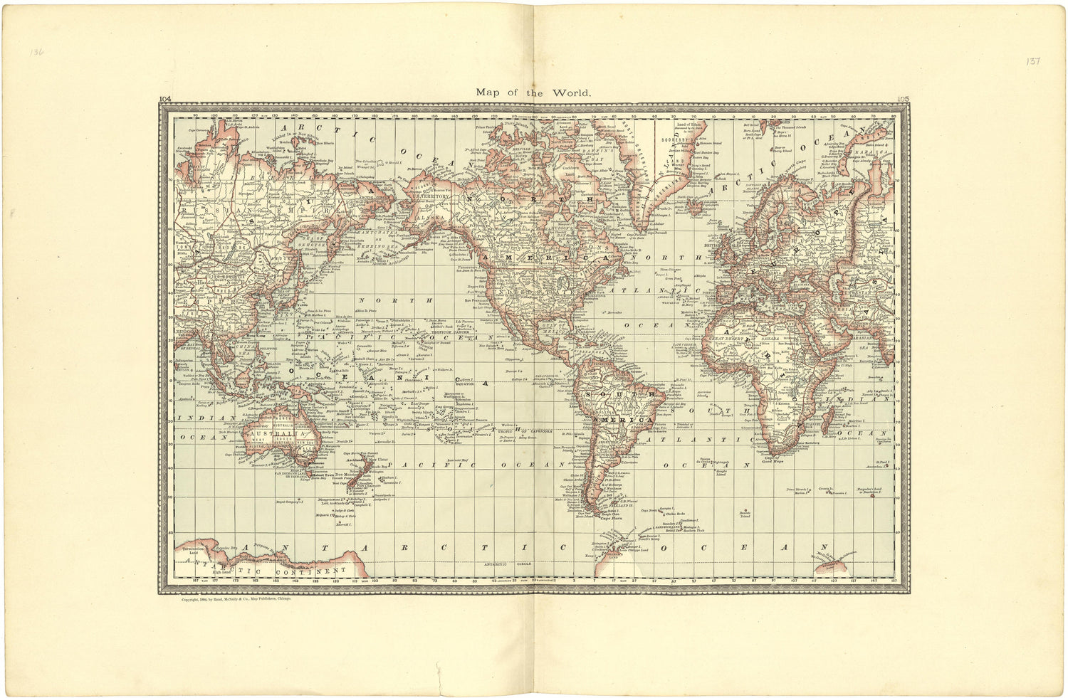 Map of the World from Illustrated Atlas of Lake County, Illinois : Containing Maps of Every Township In the County, With Village and City Plats : Also Maps of Michigan ... Texas, and Washington Territory : Compiled … 1885 by Relic Map Company