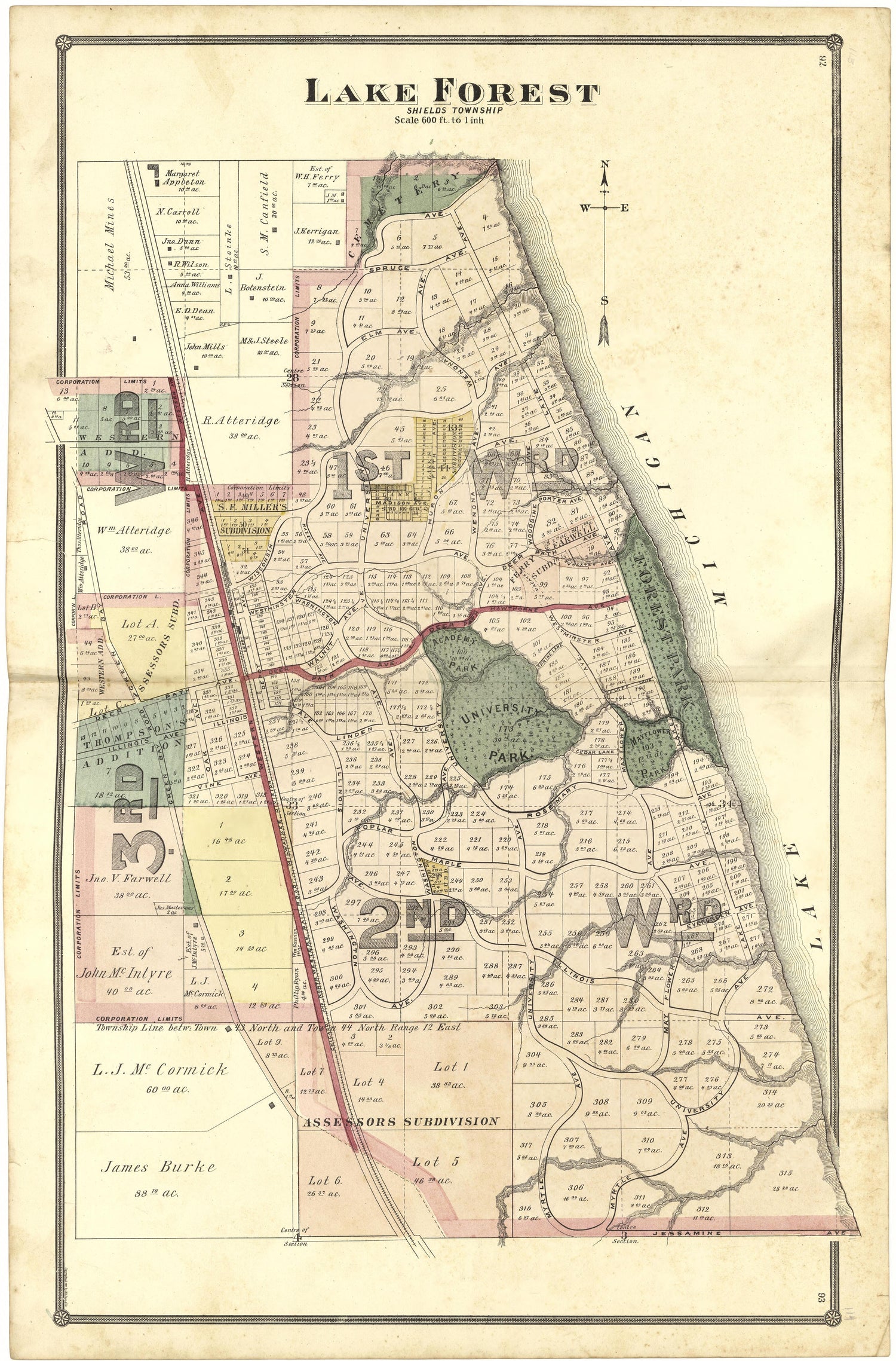 Lake Forest from Illustrated Atlas of Lake County, Illinois : Containing Maps of Every Township In the County, With Village and City Plats : Also Maps of Michigan ... Texas, and Washington Territory : Compiled … 1885 by Relic Map Company
