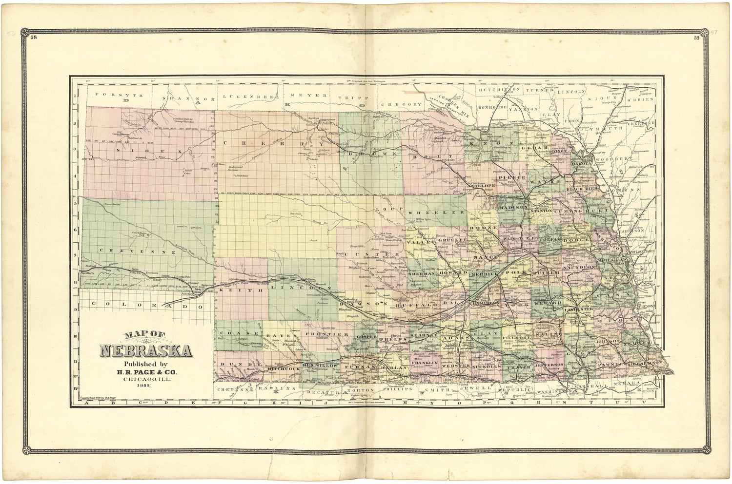 Map of Nebraska from Illustrated Atlas of Lake County, Illinois : Containing Maps of Every Township In the County, With Village and City Plats : Also Maps of Michigan ... Texas, and Washington Territory : Compiled … 1885 by Relic Map Company