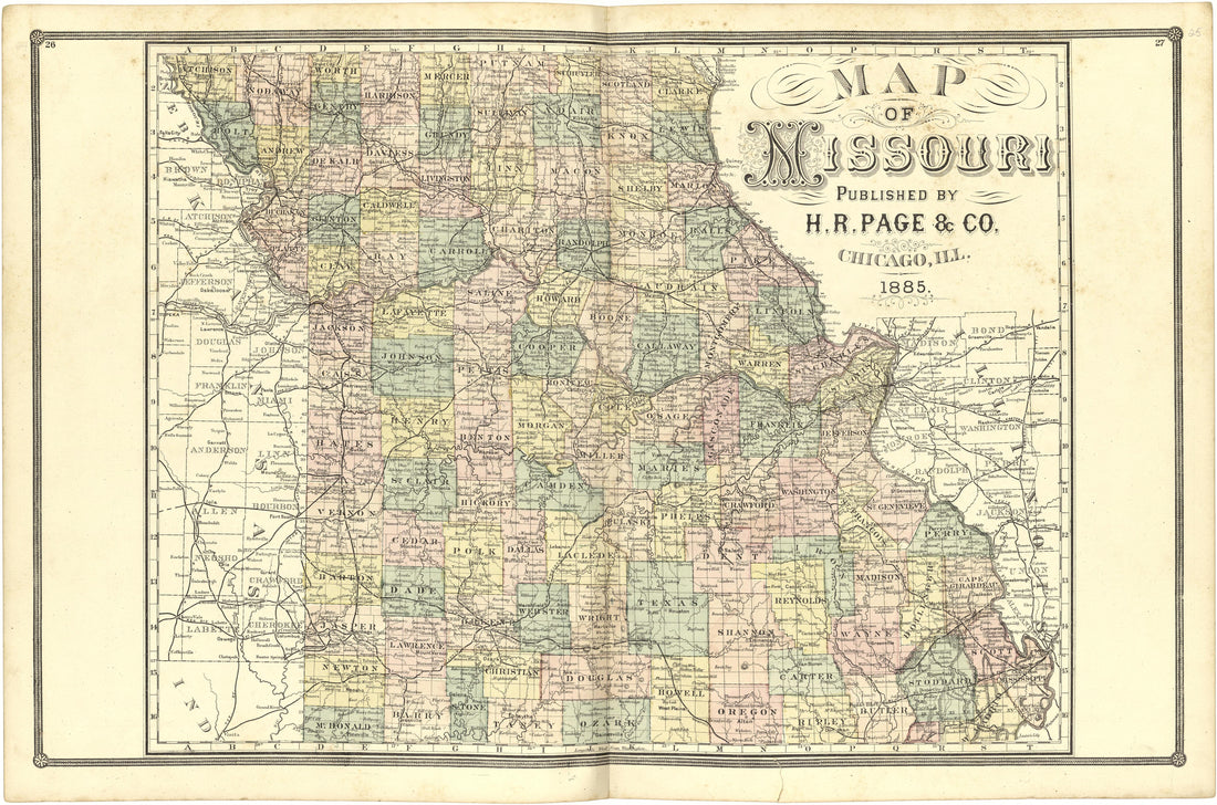 Map of Missouri from Illustrated Atlas of Lake County, Illinois : Containing Maps of Every Township In the County, With Village and City Plats : Also Maps of Michigan ... Texas, and Washington Territory : Compiled … 1885 by Relic Map Company