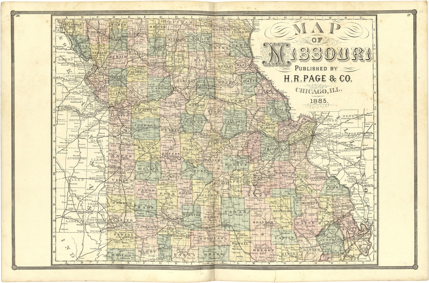 Map of Missouri from Illustrated Atlas of Lake County, Illinois : Containing Maps of Every Township In the County, With Village and City Plats : Also Maps of Michigan ... Texas, and Washington Territory : Compiled … 1885 by Relic Map Company
