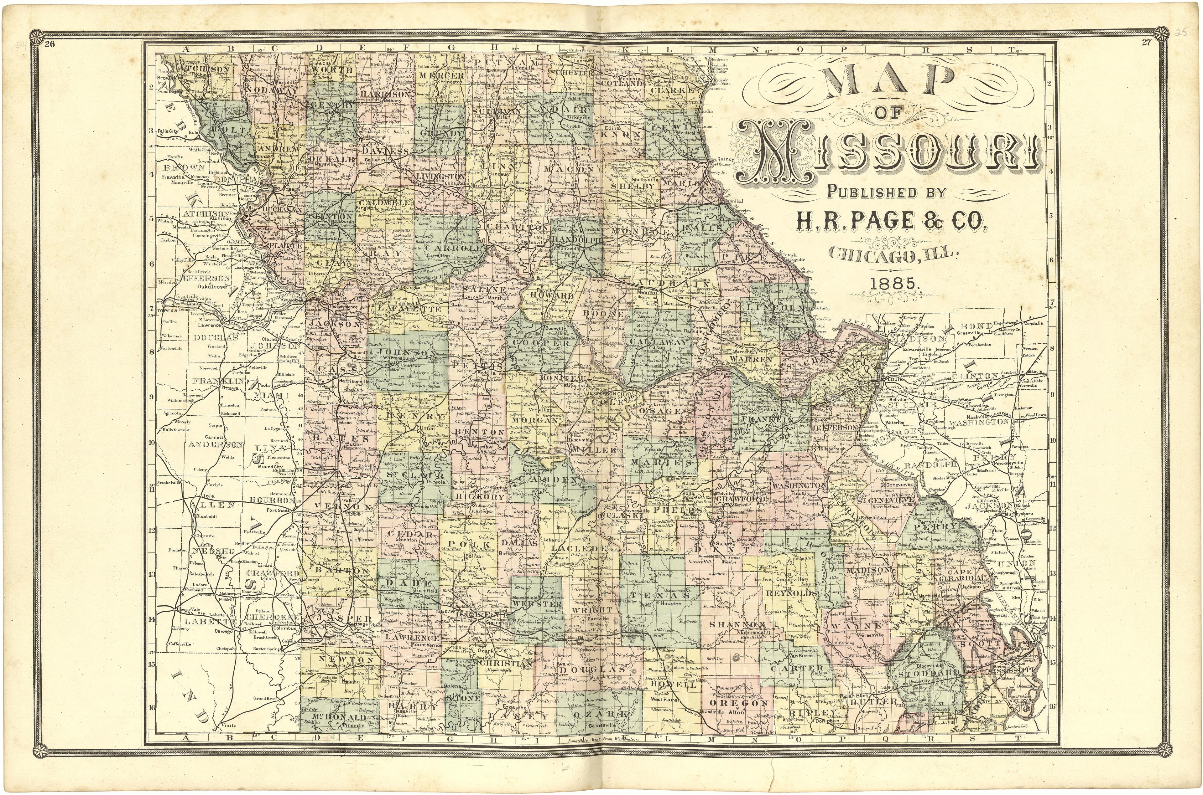 Map of Missouri from Illustrated Atlas of Lake County, Illinois : Containing Maps of Every Township In the County, With Village and City Plats : Also Maps of Michigan ... Texas, and Washington Territory : Compiled … 1885 by Relic Map Company