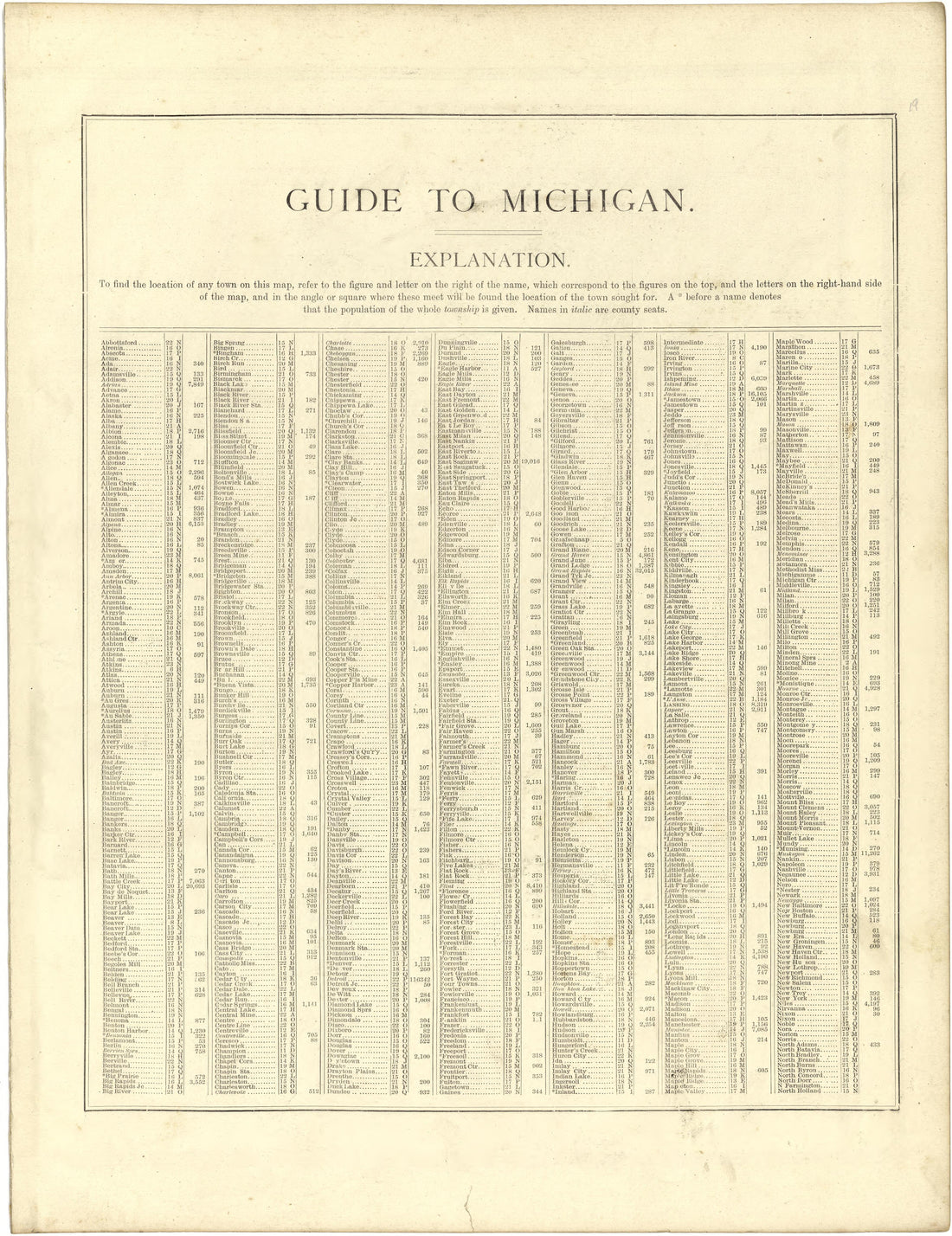 Guide to Michigan from Illustrated Atlas of Lake County, Illinois : Containing Maps of Every Township In the County, With Village and City Plats : Also Maps of Michigan ... Texas, and Washington Territory : Compiled … 1885 by Relic Map Company