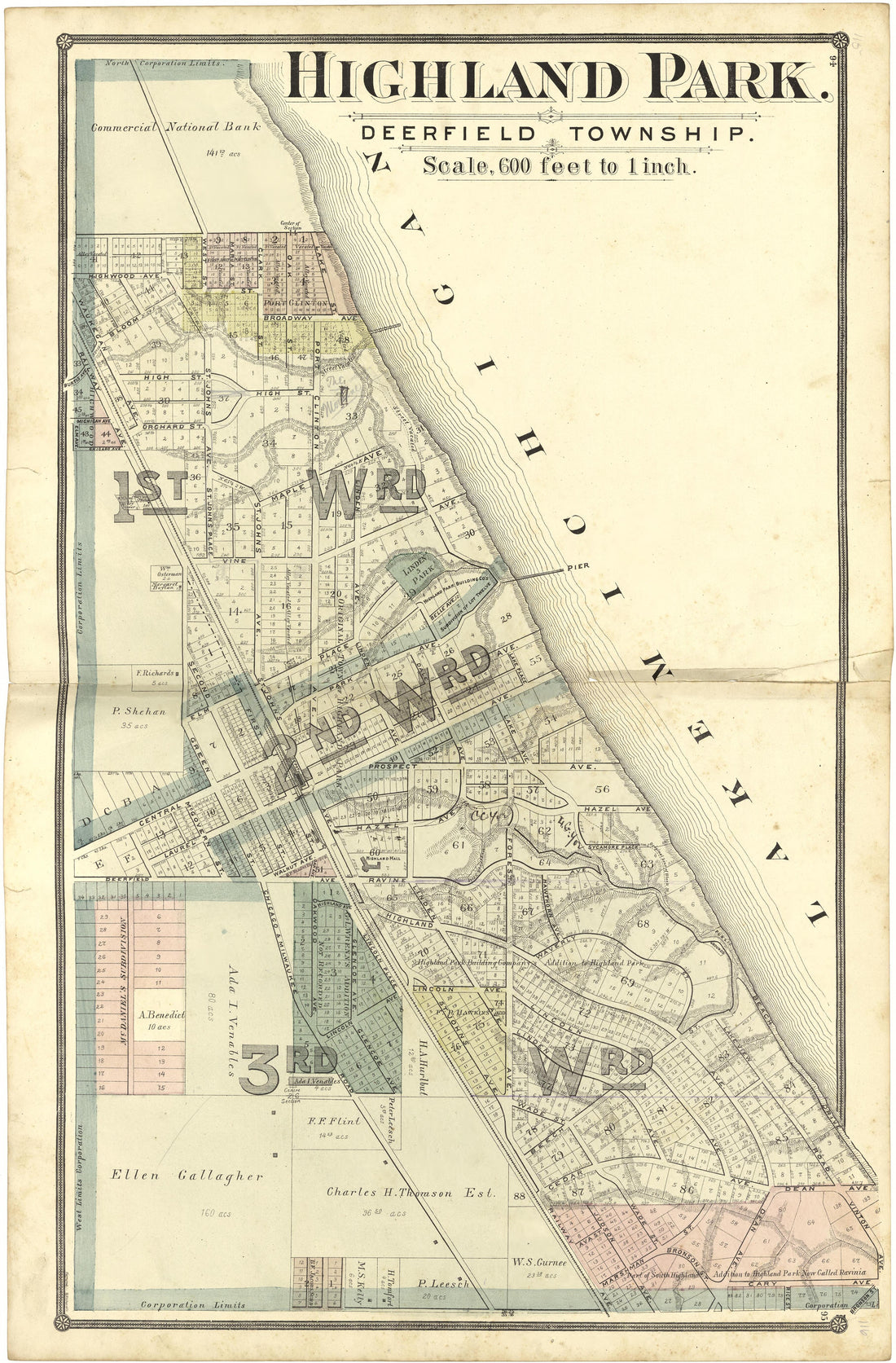 Highland Park from Illustrated Atlas of Lake County, Illinois : Containing Maps of Every Township In the County, With Village and City Plats : Also Maps of Michigan ... Texas, and Washington Territory : Compiled … 1885 by Relic Map Company