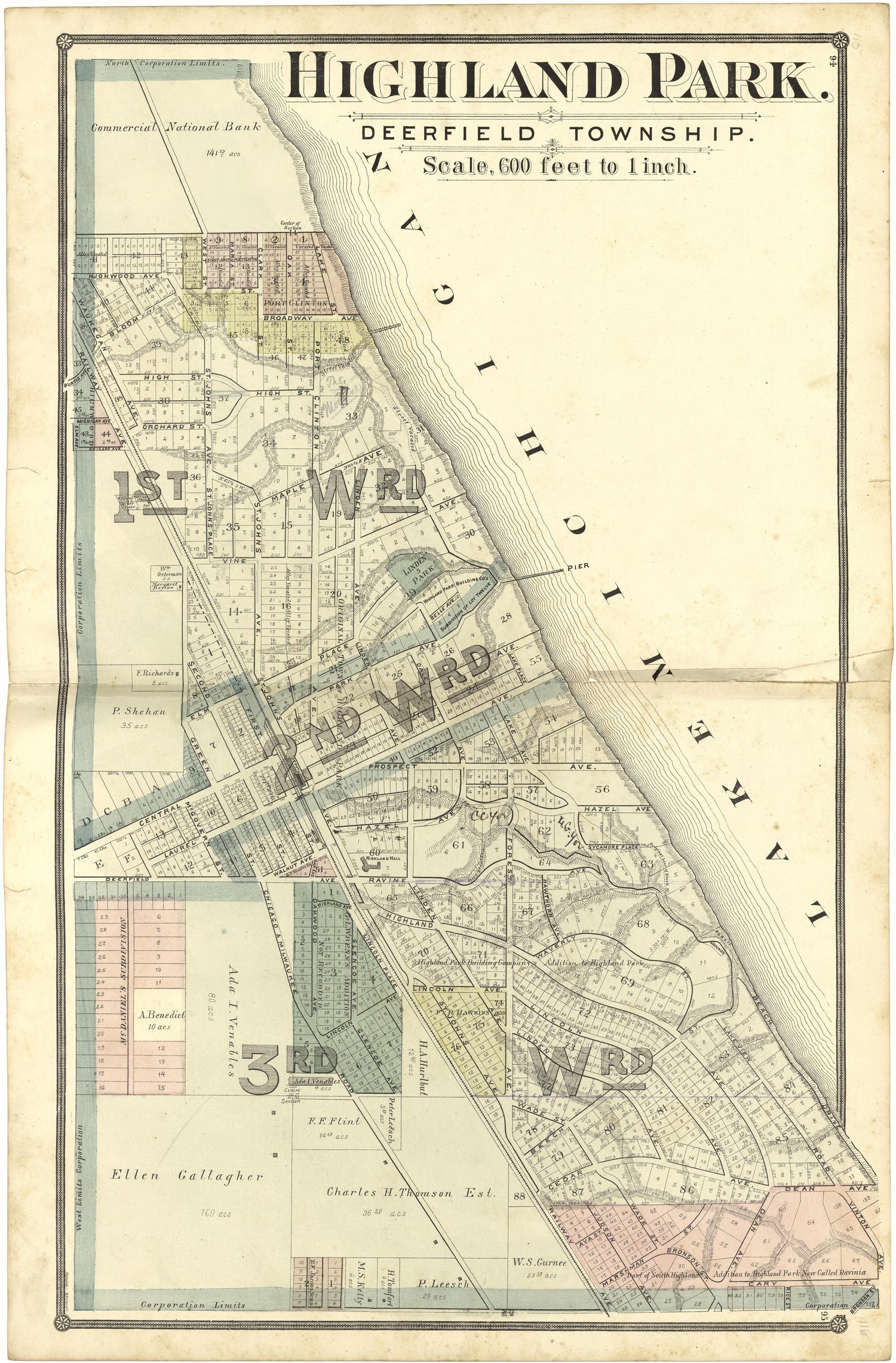 Highland Park from Illustrated Atlas of Lake County, Illinois : Containing Maps of Every Township In the County, With Village and City Plats : Also Maps of Michigan ... Texas, and Washington Territory : Compiled … 1885 by Relic Map Company
