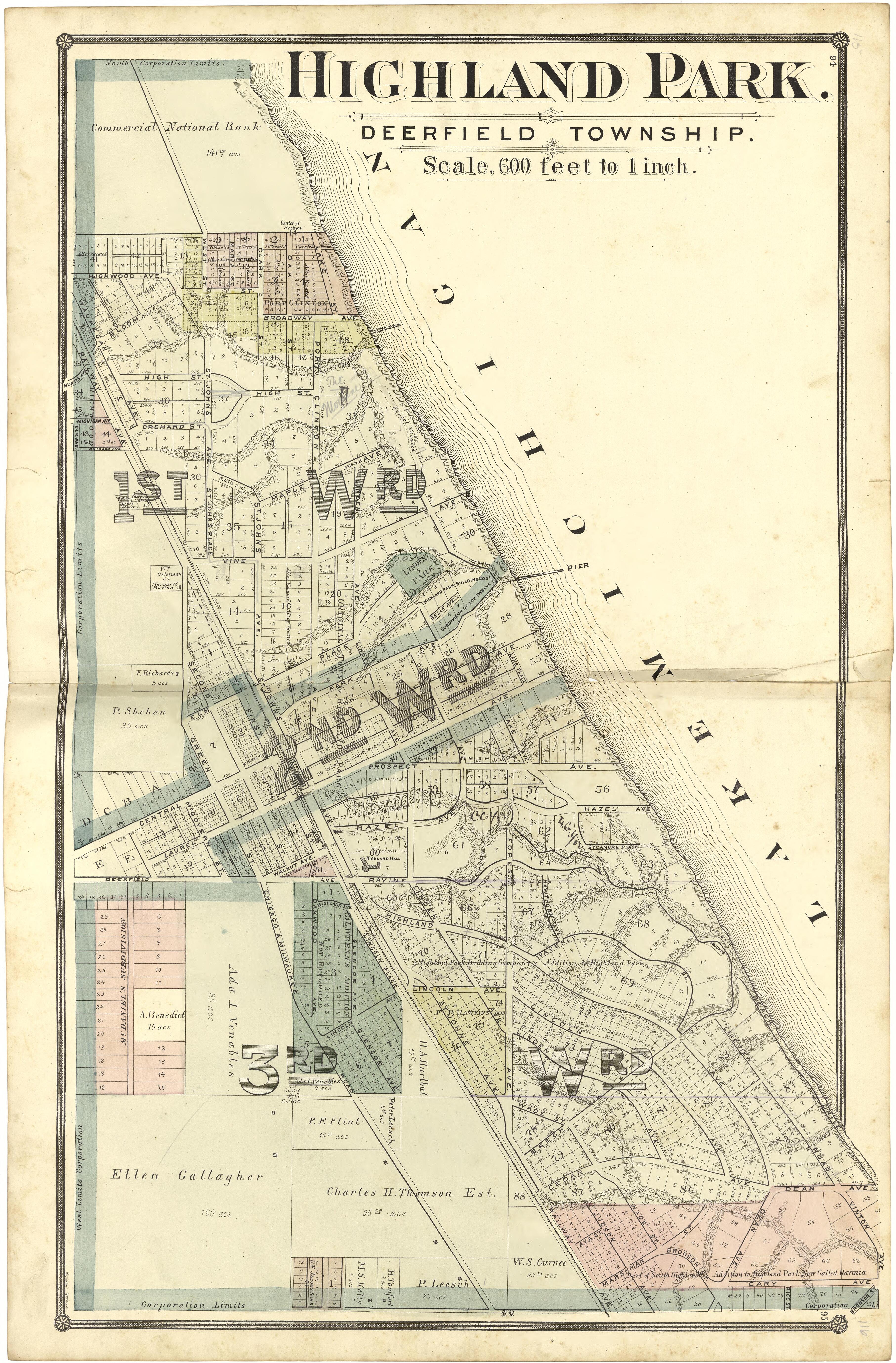 Highland Park from Illustrated Atlas of Lake County, Illinois : Containing Maps of Every Township In the County, With Village and City Plats : Also Maps of Michigan ... Texas, and Washington Territory : Compiled … 1885 by Relic Map Company
