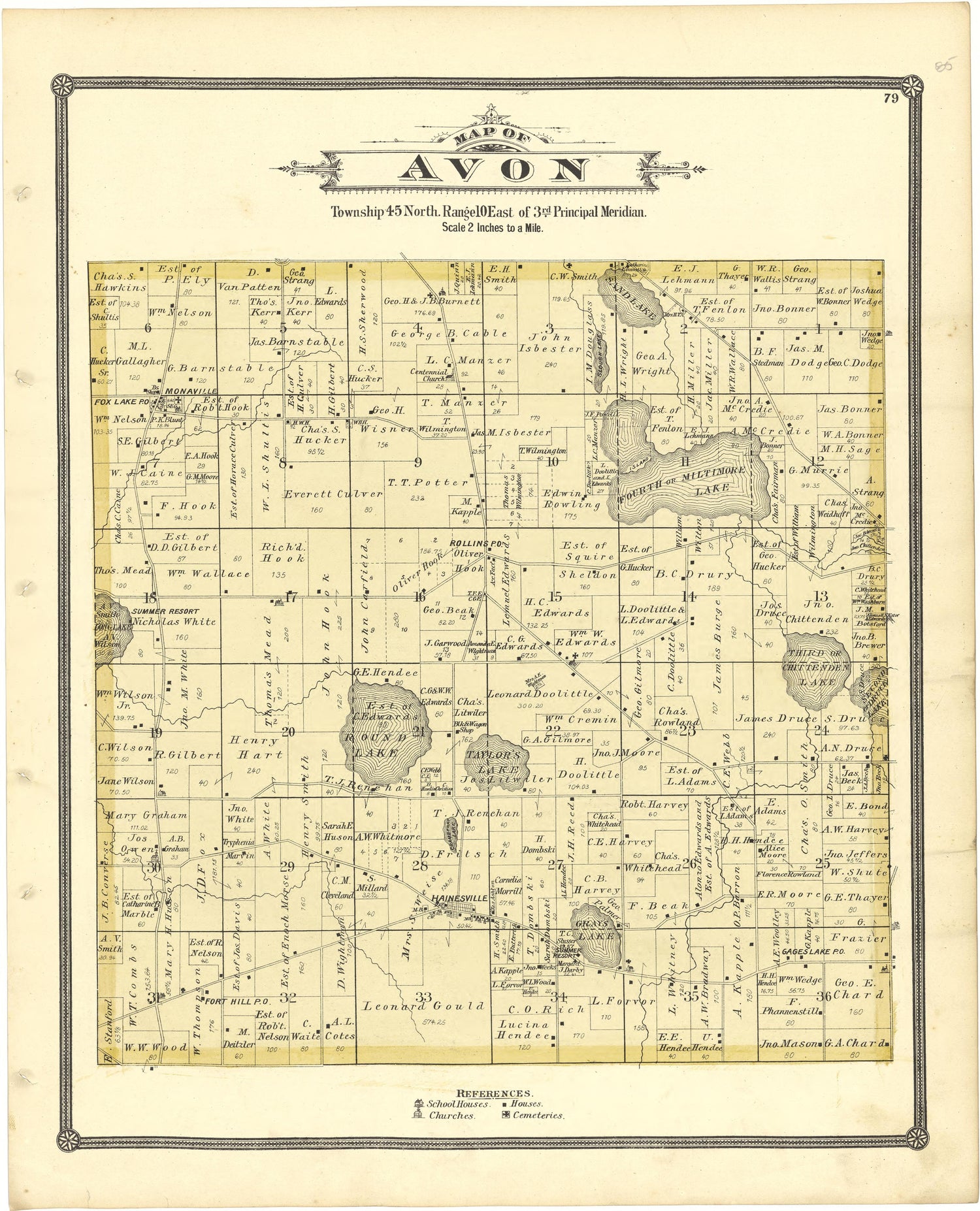Map of Avon from Illustrated Atlas of Lake County, Illinois : Containing Maps of Every Township In the County, With Village and City Plats : Also Maps of Michigan ... Texas, and Washington Territory : Compiled … 1885 by Relic Map Company