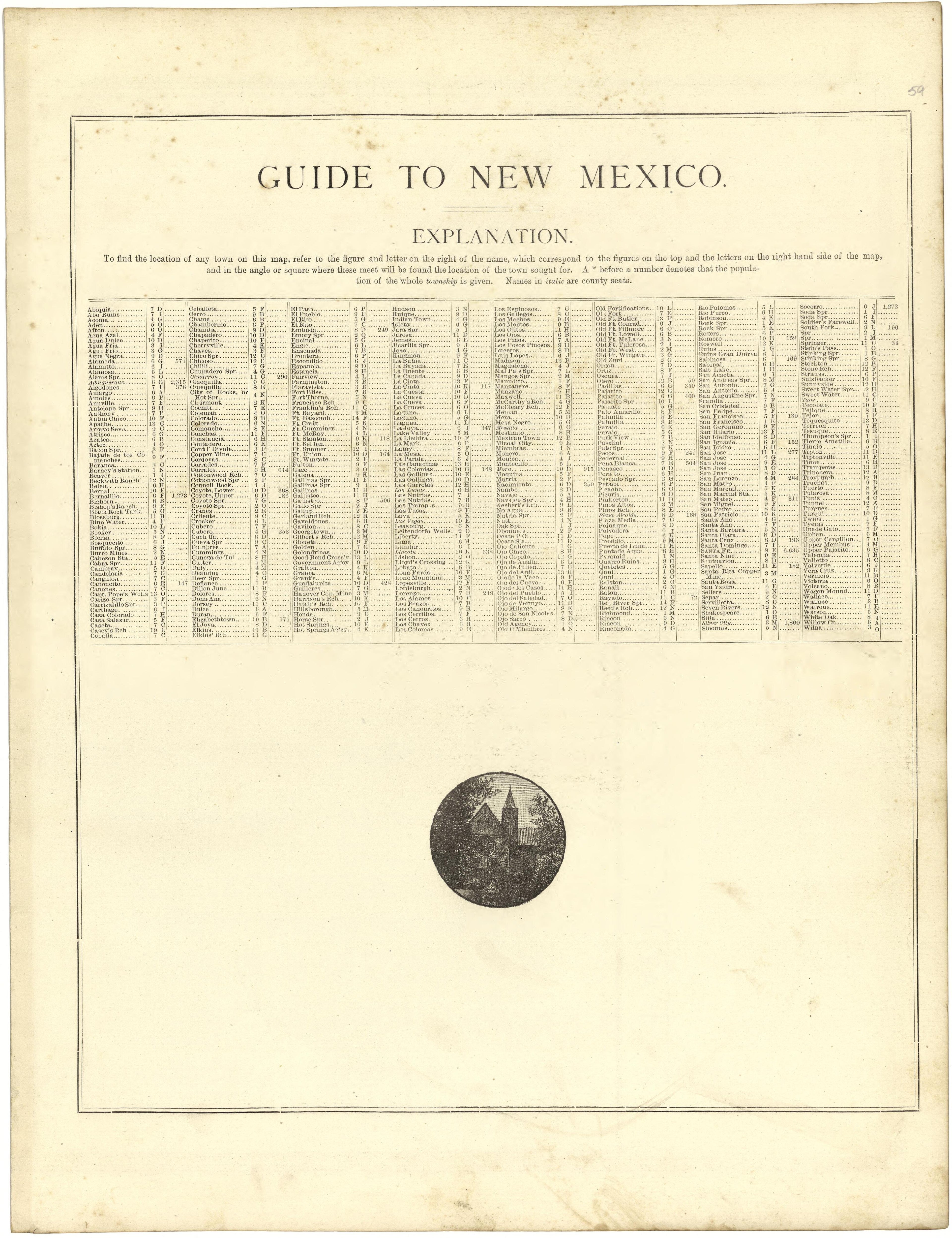 Guide to New Mexico from Illustrated Atlas of Lake County, Illinois : Containing Maps of Every Township In the County, With Village and City Plats : Also Maps of Michigan ... Texas, and Washington Territory : Compiled … 1885 by Relic Map Company