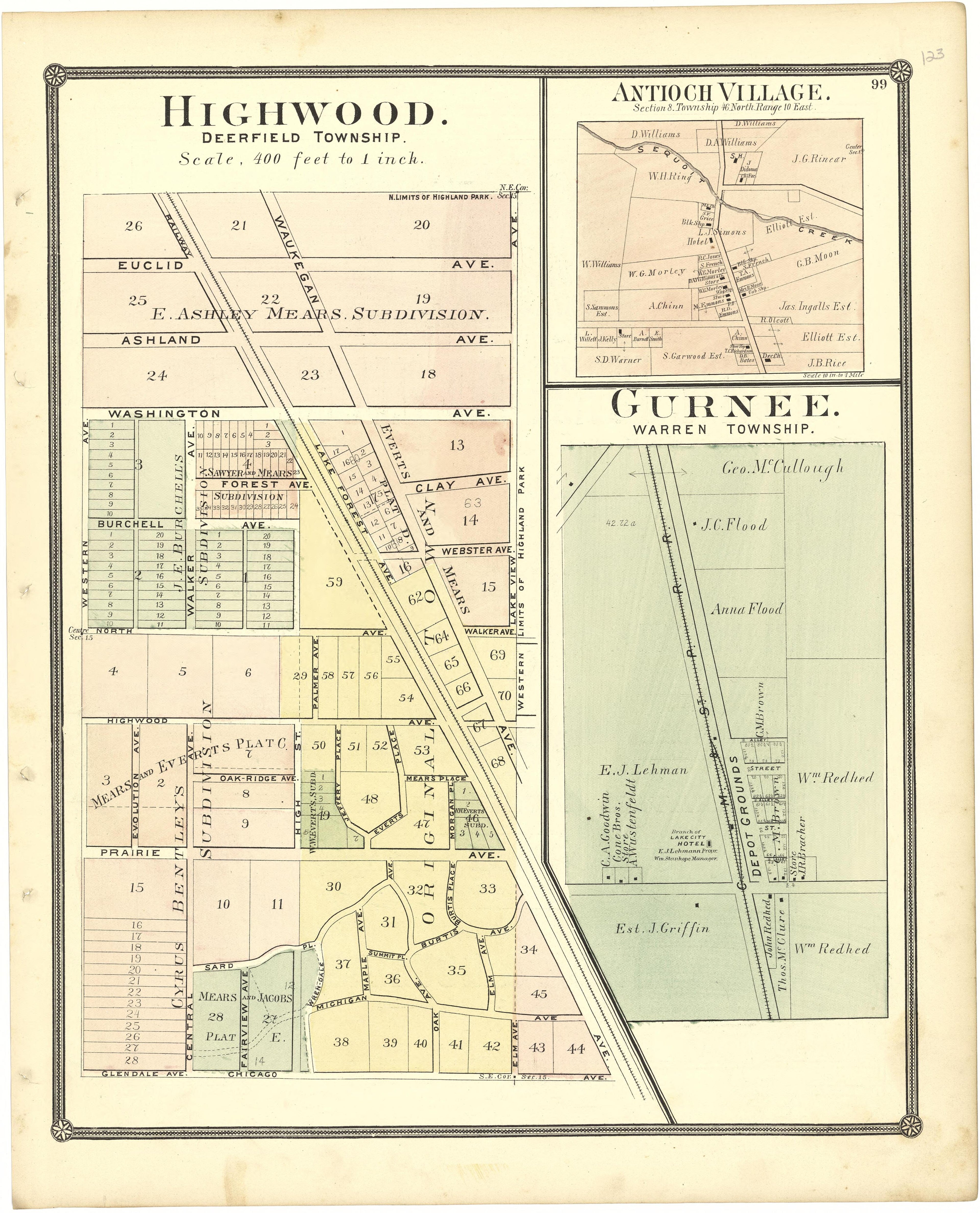 Highwood; Antioch Village; Gurnee from Illustrated Atlas of Lake County, Illinois : Containing Maps of Every Township In the County, With Village and City Plats : Also Maps of Michigan ... Texas, and Washington Territory : Compiled … 1885 by Relic Map Company