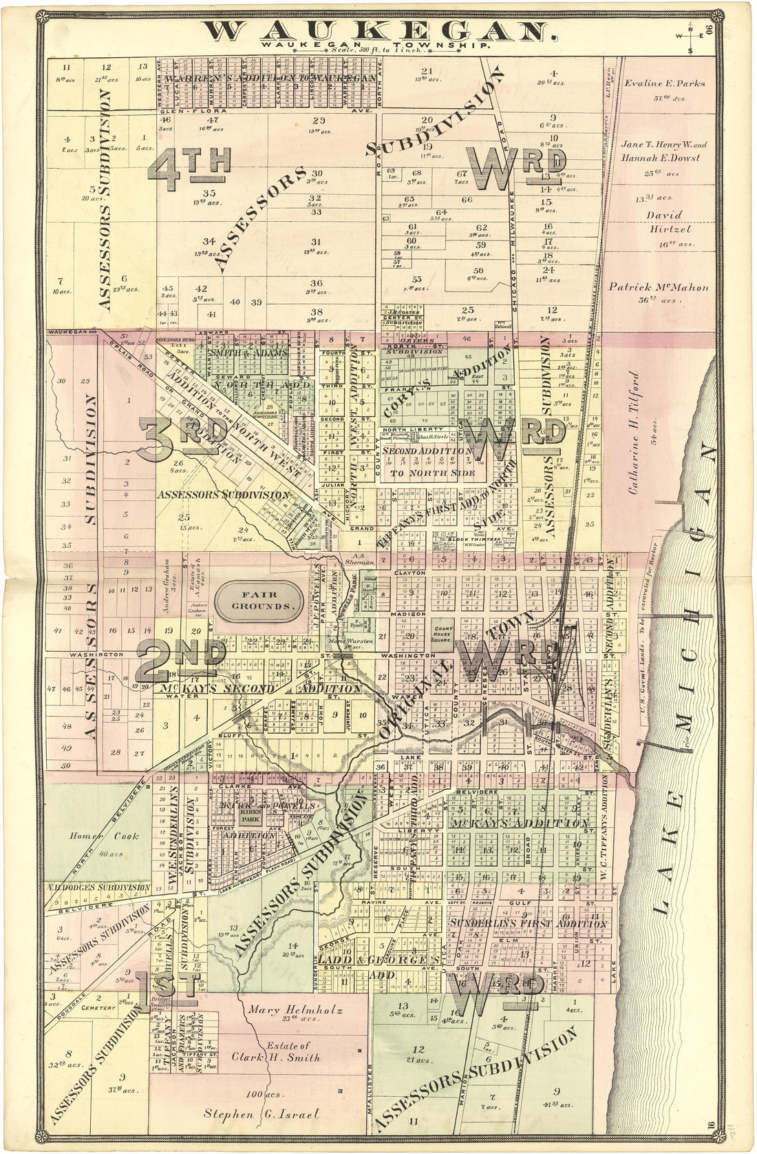 Waukegan from Illustrated Atlas of Lake County, Illinois : Containing Maps of Every Township In the County, With Village and City Plats : Also Maps of Michigan ... Texas, and Washington Territory : Compiled … 1885 by Relic Map Company