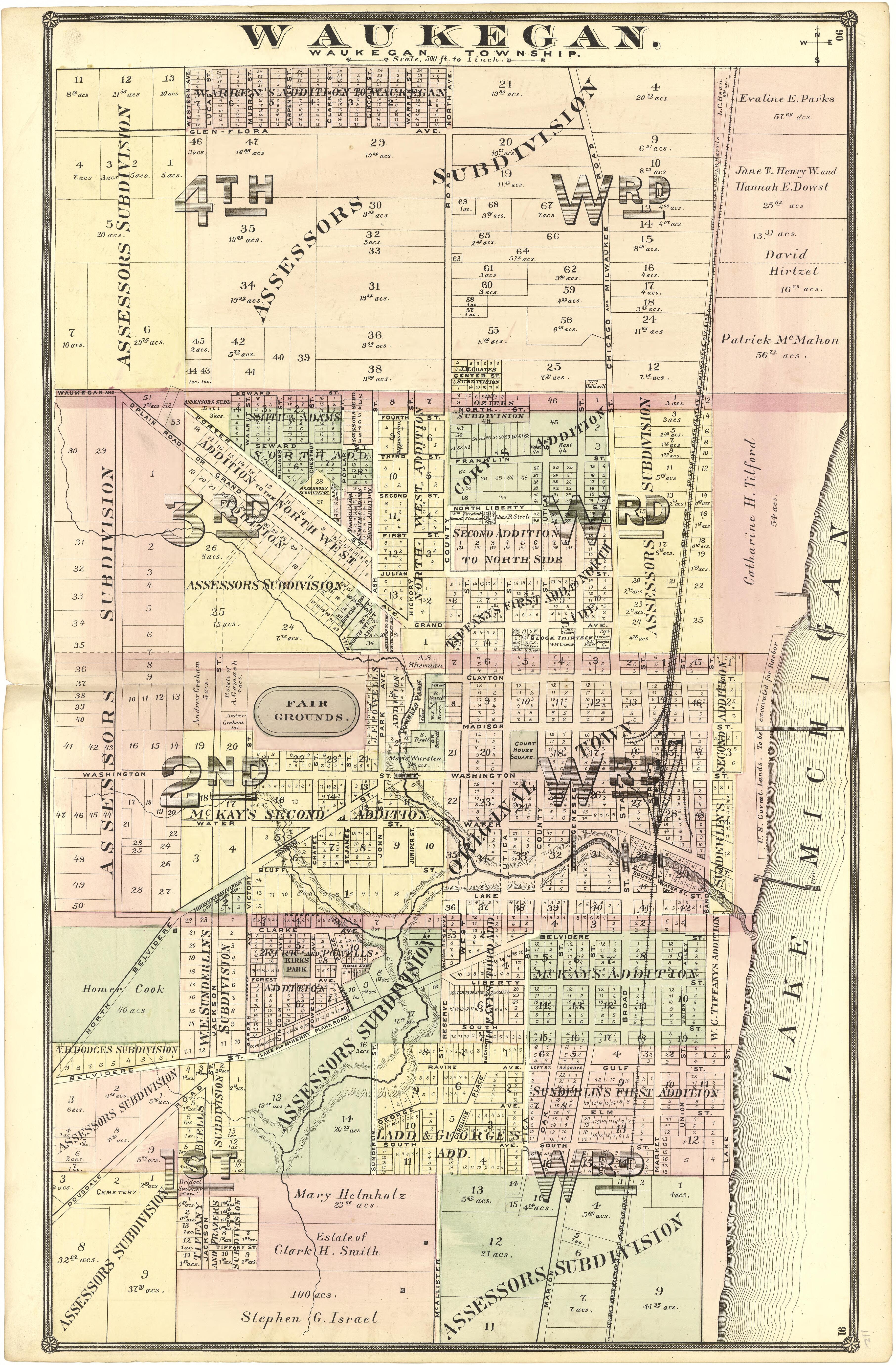 Waukegan from Illustrated Atlas of Lake County, Illinois : Containing Maps of Every Township In the County, With Village and City Plats : Also Maps of Michigan ... Texas, and Washington Territory : Compiled … 1885 by Relic Map Company