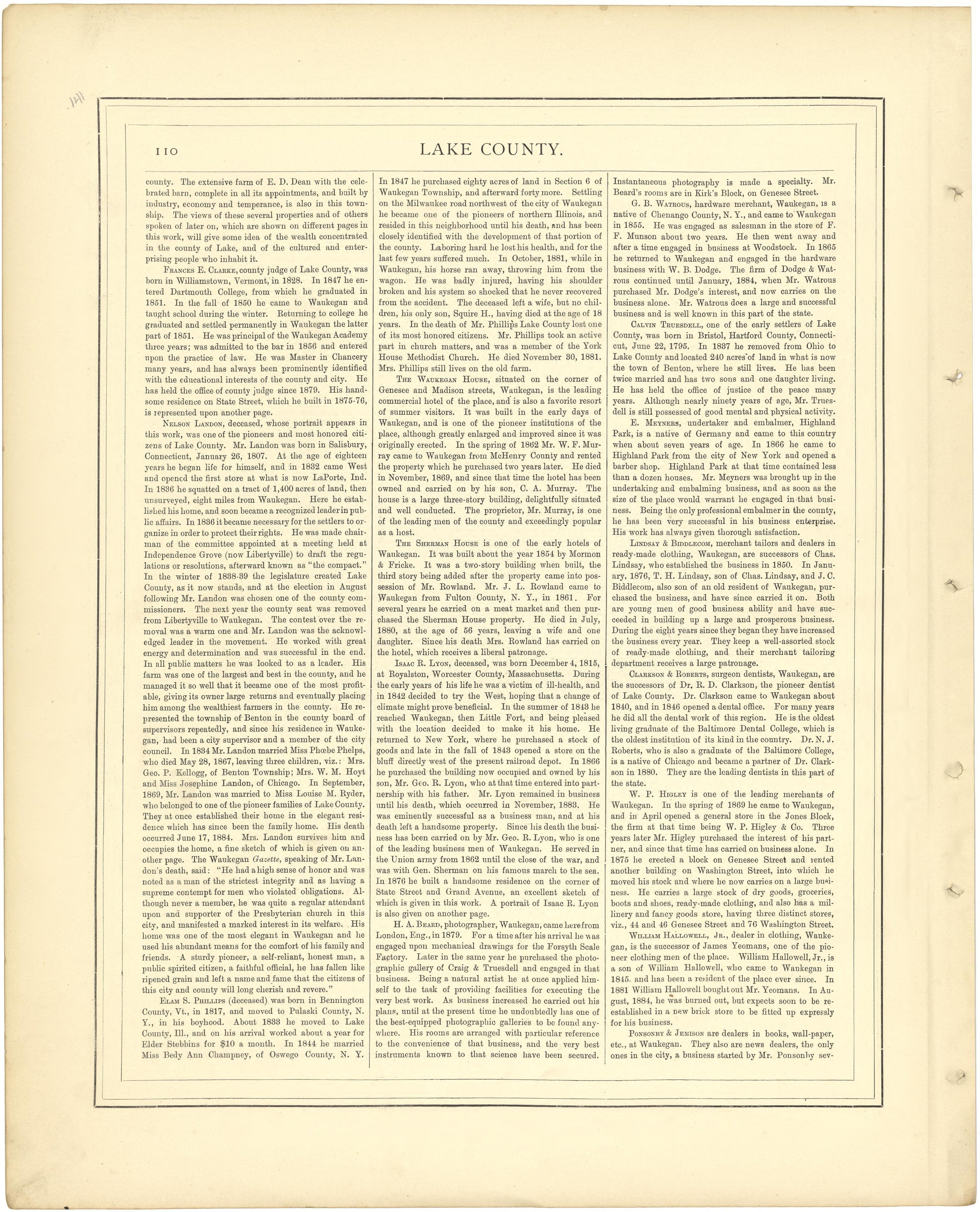 Lake County - Continued from Illustrated Atlas of Lake County, Illinois : Containing Maps of Every Township In the County, With Village and City Plats : Also Maps of Michigan ... Texas, and Washington Territory : Compiled … 1885 by Relic Map Company