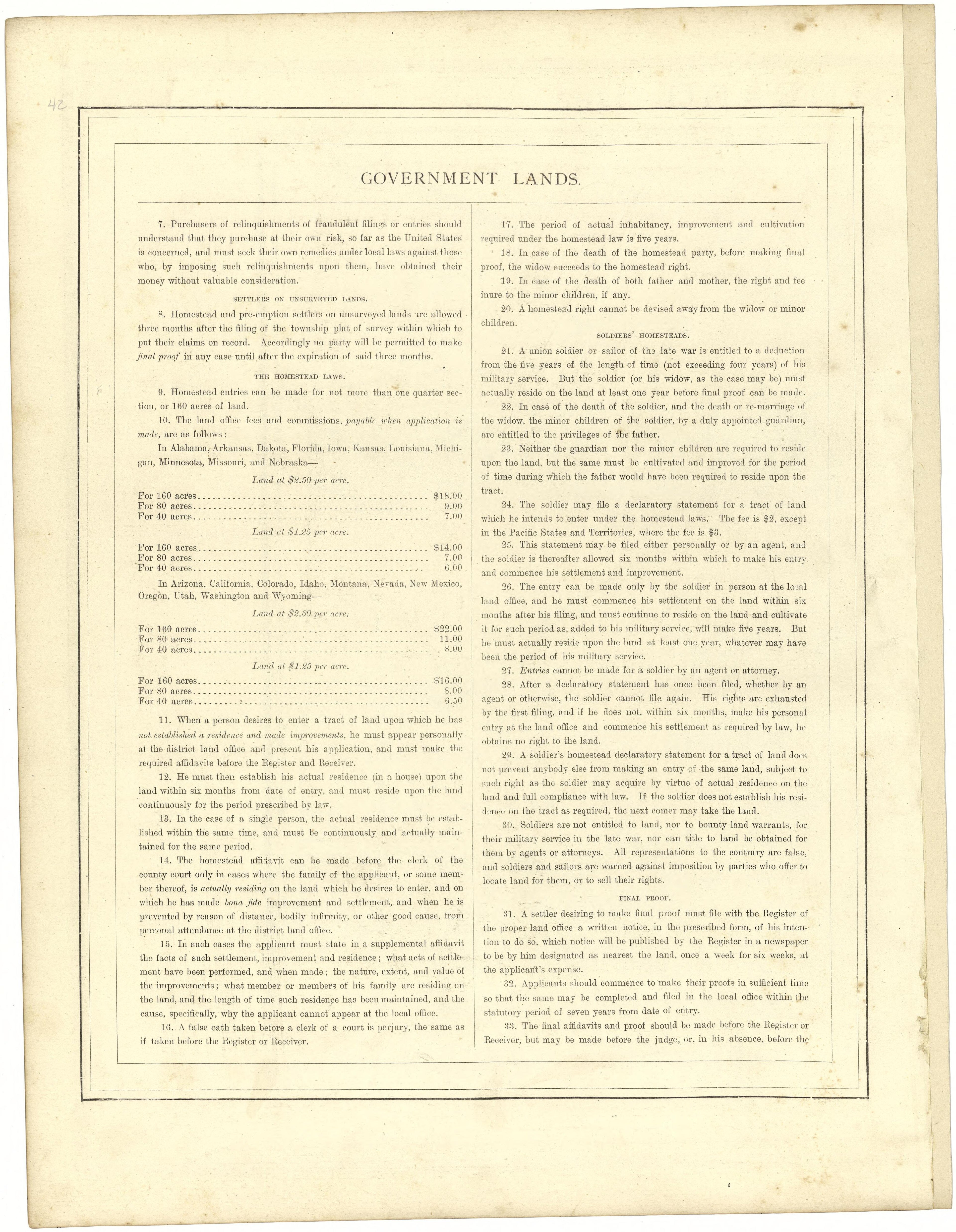 Government Lands from Illustrated Atlas of Lake County, Illinois : Containing Maps of Every Township In the County, With Village and City Plats : Also Maps of Michigan ... Texas, and Washington Territory : Compiled … 1885 by Relic Map Company