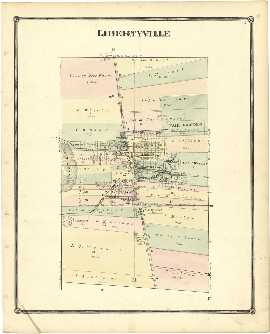 Libertyville from Illustrated Atlas of Lake County, Illinois : Containing Maps of Every Township In the County, With Village and City Plats : Also Maps of Michigan ... Texas, and Washington Territory : Compiled … 1885 by Relic Map Company