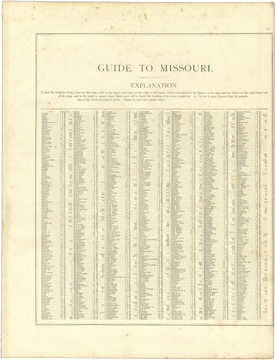 Guide to Missouri from Illustrated Atlas of Lake County, Illinois : Containing Maps of Every Township In the County, With Village and City Plats : Also Maps of Michigan ... Texas, and Washington Territory : Compiled … 1885 by Relic Map Company
