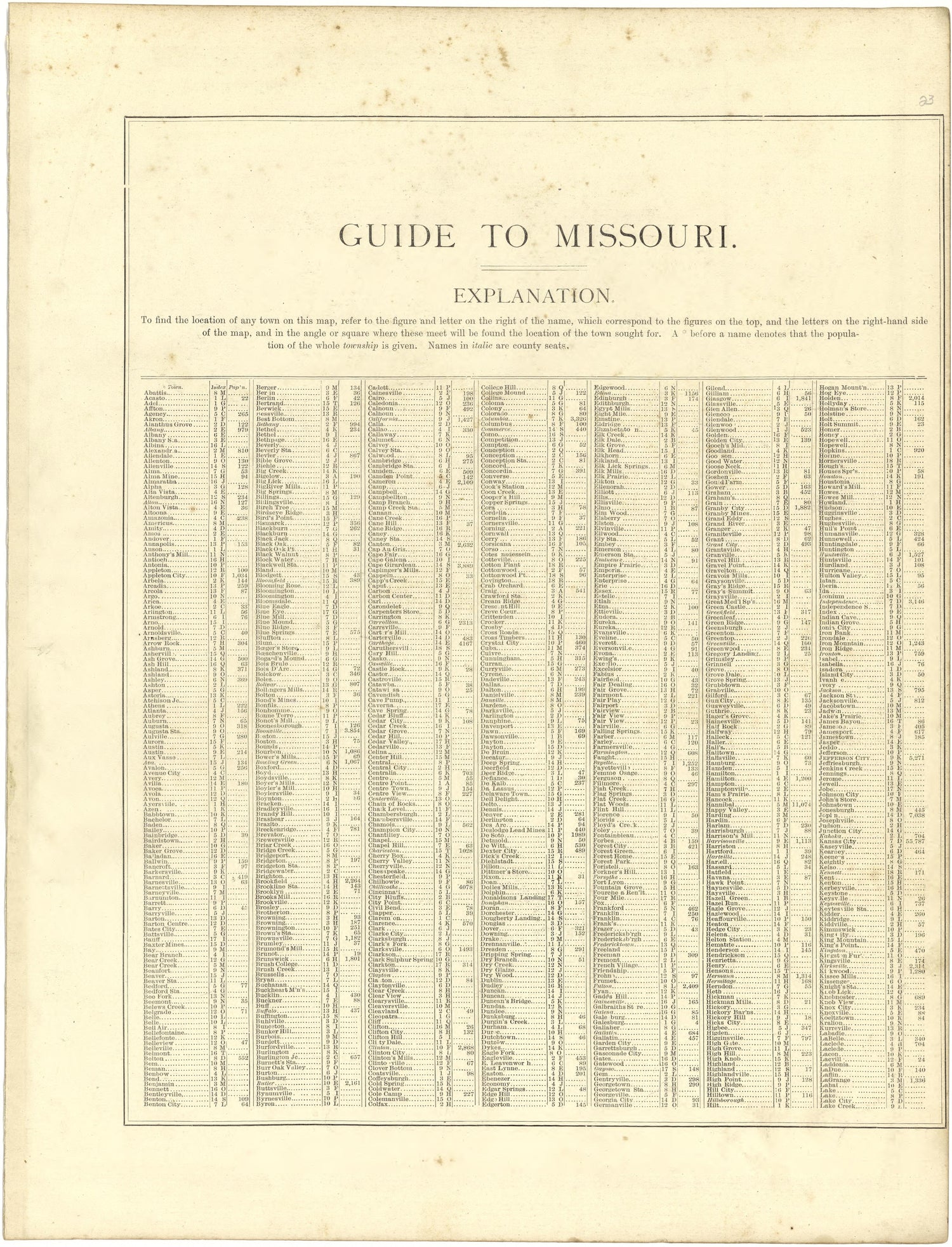 Guide to Missouri from Illustrated Atlas of Lake County, Illinois : Containing Maps of Every Township In the County, With Village and City Plats : Also Maps of Michigan ... Texas, and Washington Territory : Compiled … 1885 by Relic Map Company
