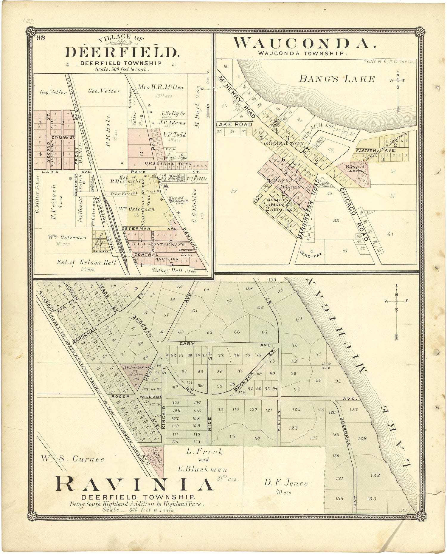 Village of Deerfield; Wauconda; Ravinia from Illustrated Atlas of Lake County, Illinois : Containing Maps of Every Township In the County, With Village and City Plats : Also Maps of Michigan ... Texas, and Washington Territory : Compiled … 1885 by Relic Map Company