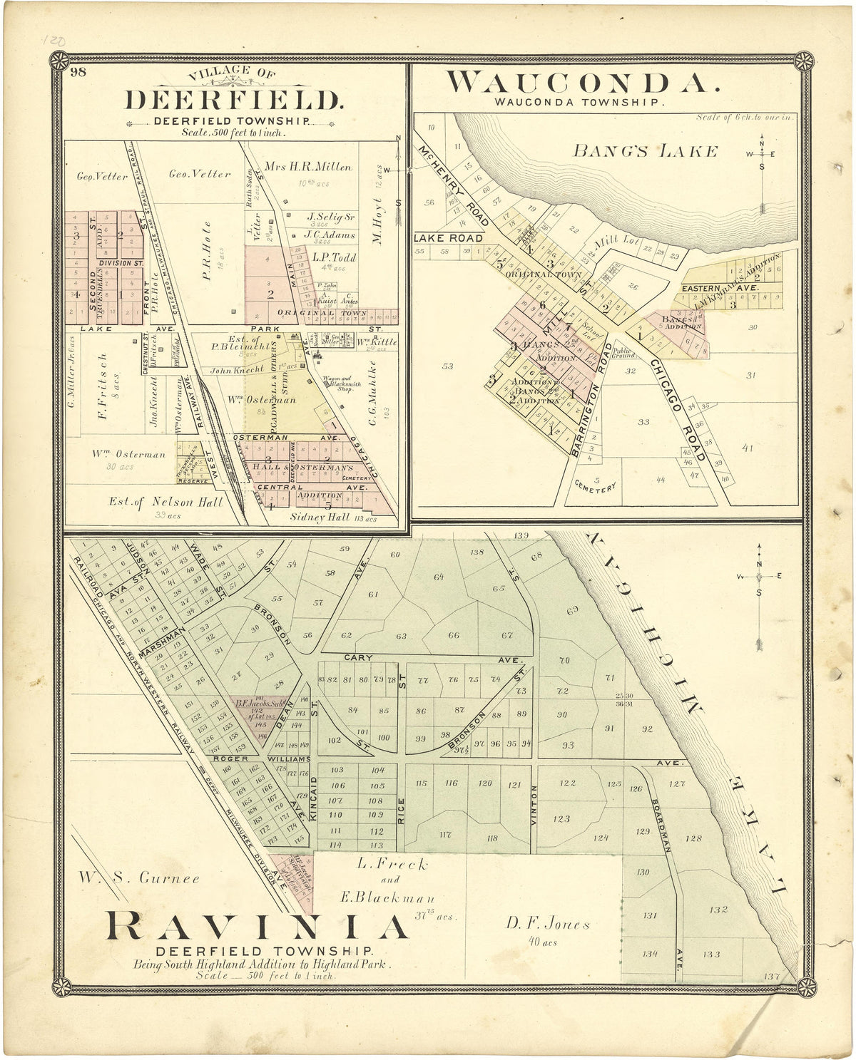 Village of Deerfield; Wauconda; Ravinia from Illustrated Atlas of Lake County, Illinois : Containing Maps of Every Township In the County, With Village and City Plats : Also Maps of Michigan ... Texas, and Washington Territory : Compiled … 1885 by Relic Map Company