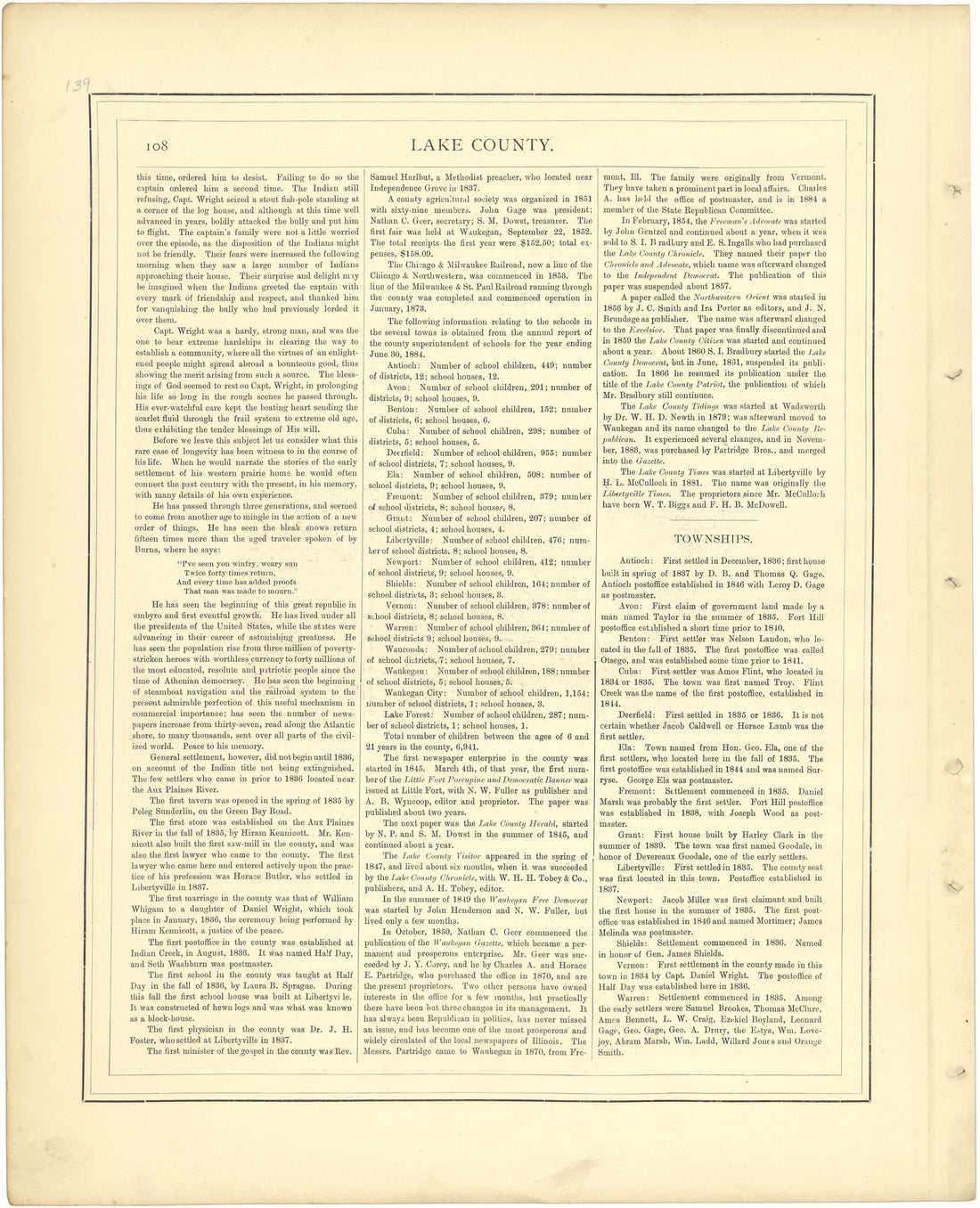 Lake County - Continued from Illustrated Atlas of Lake County, Illinois : Containing Maps of Every Township In the County, With Village and City Plats : Also Maps of Michigan ... Texas, and Washington Territory : Compiled … 1885 by Relic Map Company