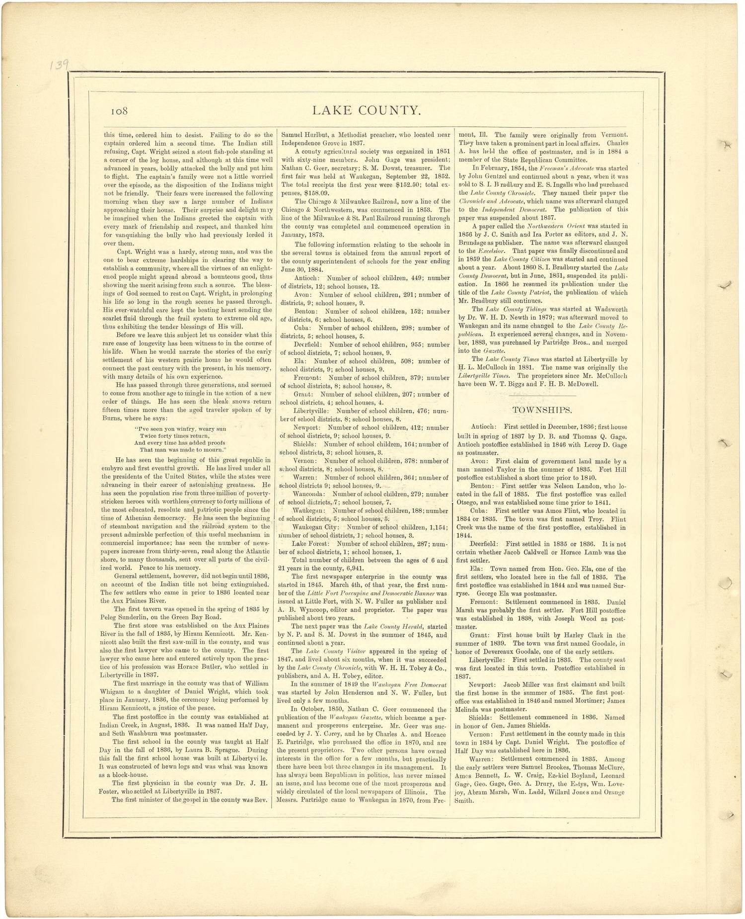 Lake County - Continued from Illustrated Atlas of Lake County, Illinois : Containing Maps of Every Township In the County, With Village and City Plats : Also Maps of Michigan ... Texas, and Washington Territory : Compiled … 1885 by Relic Map Company