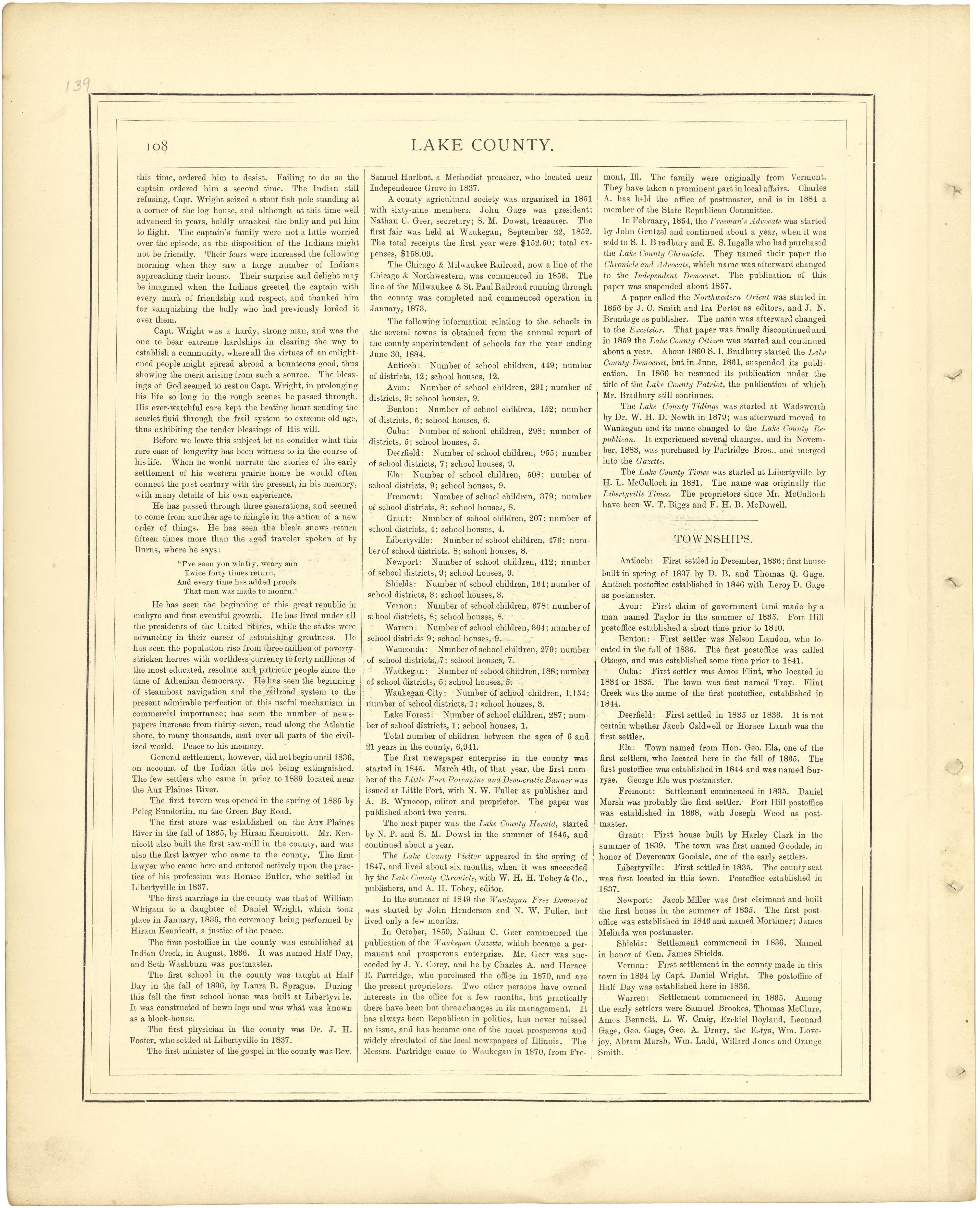 Lake County - Continued from Illustrated Atlas of Lake County, Illinois : Containing Maps of Every Township In the County, With Village and City Plats : Also Maps of Michigan ... Texas, and Washington Territory : Compiled … 1885 by Relic Map Company