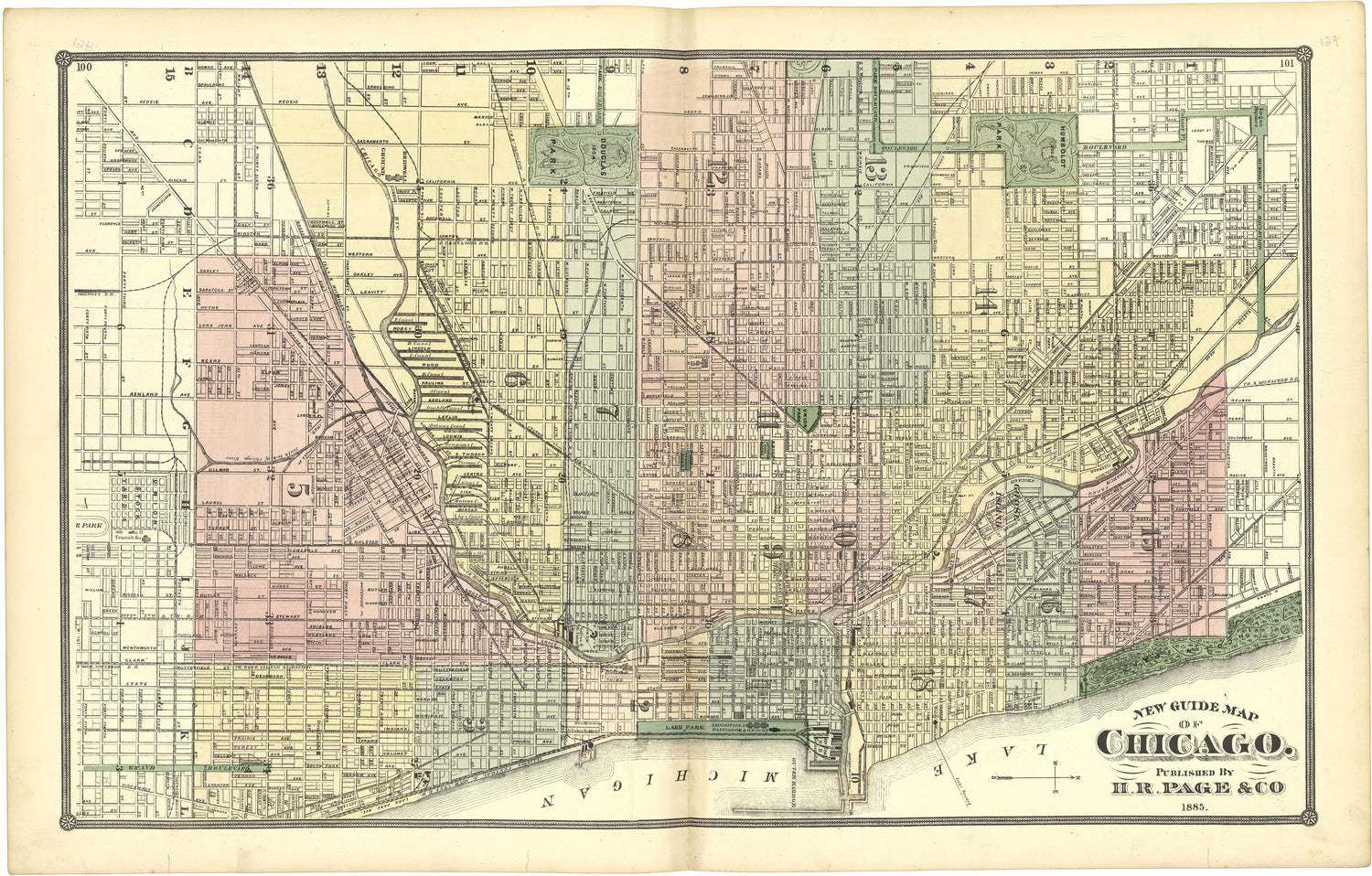 New Guide Map of Chicago from Illustrated Atlas of Lake County, Illinois : Containing Maps of Every Township In the County, With Village and City Plats : Also Maps of Michigan ... Texas, and Washington Territory : Compiled … 1885 by Relic Map Company