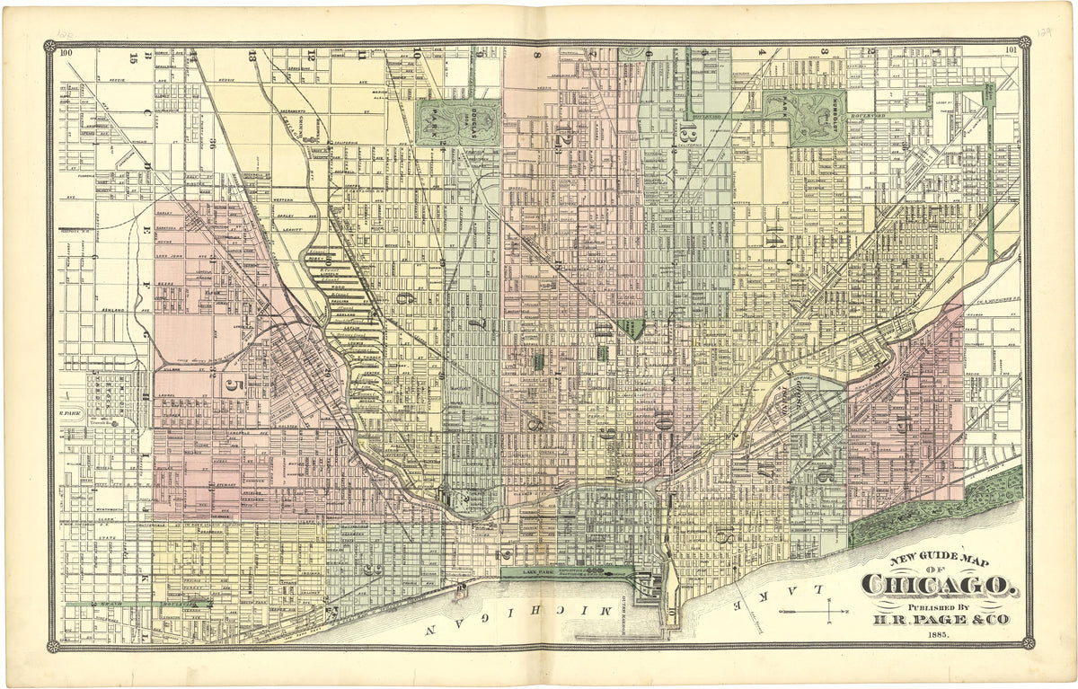 New Guide Map of Chicago from Illustrated Atlas of Lake County, Illinois : Containing Maps of Every Township In the County, With Village and City Plats : Also Maps of Michigan ... Texas, and Washington Territory : Compiled … 1885 by Relic Map Company