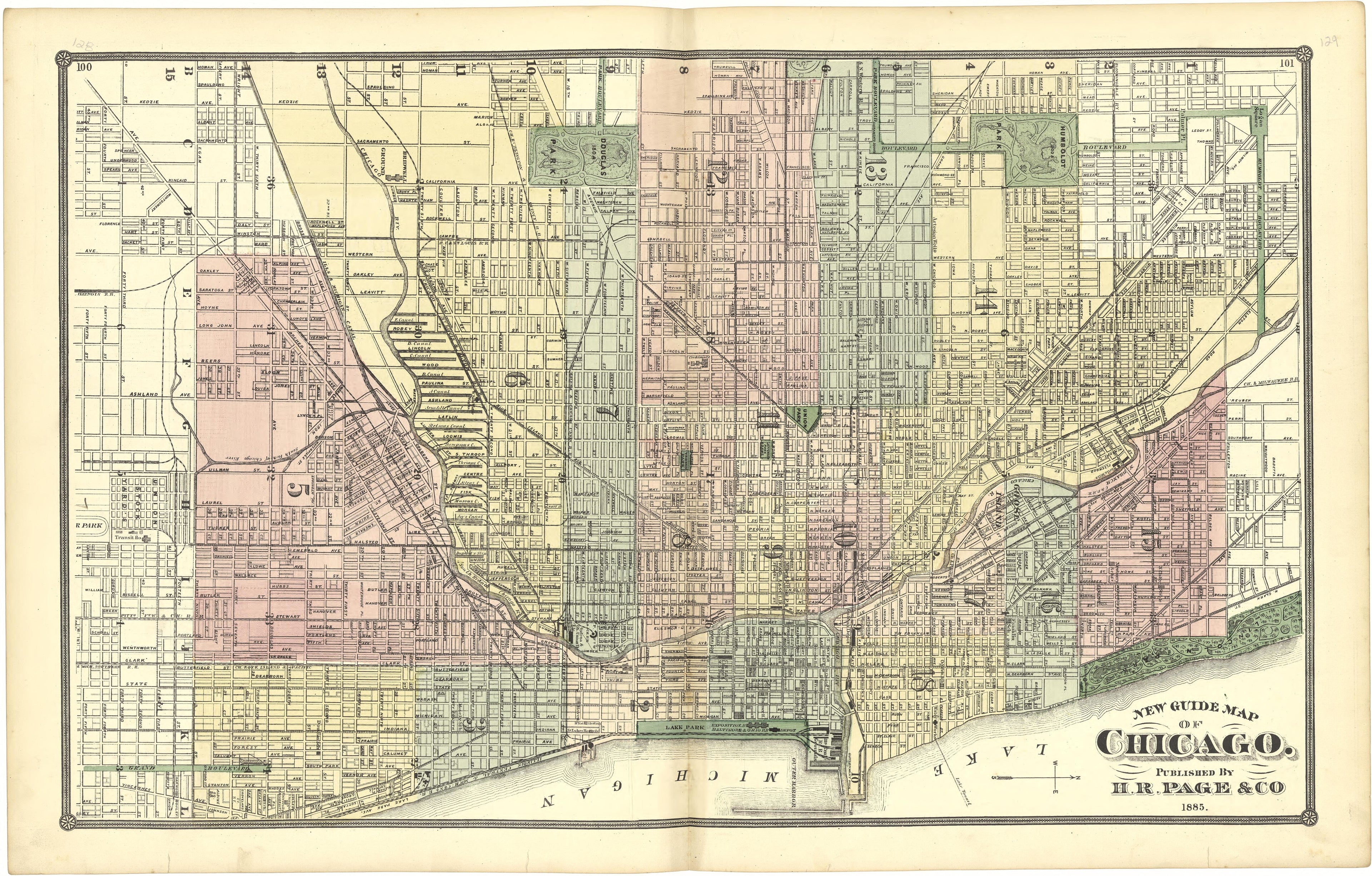 New Guide Map of Chicago from Illustrated Atlas of Lake County, Illinois : Containing Maps of Every Township In the County, With Village and City Plats : Also Maps of Michigan ... Texas, and Washington Territory : Compiled … 1885 by Relic Map Company