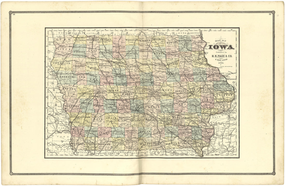 Map of Iowa from Illustrated Atlas of Lake County, Illinois : Containing Maps of Every Township In the County, With Village and City Plats : Also Maps of Michigan ... Texas, and Washington Territory : Compiled … 1885 by Relic Map Company