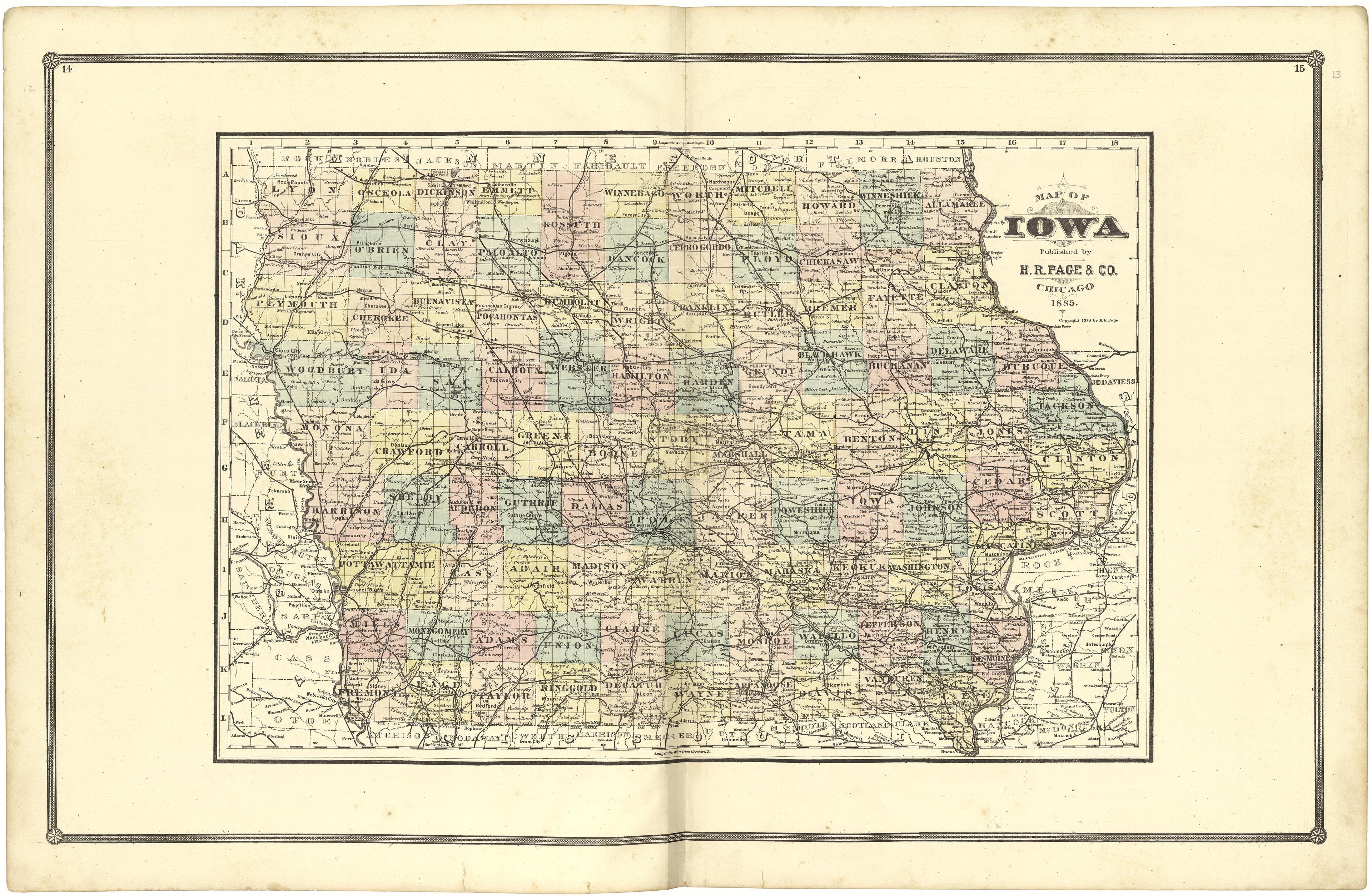 Map of Iowa from Illustrated Atlas of Lake County, Illinois : Containing Maps of Every Township In the County, With Village and City Plats : Also Maps of Michigan ... Texas, and Washington Territory : Compiled … 1885 by Relic Map Company