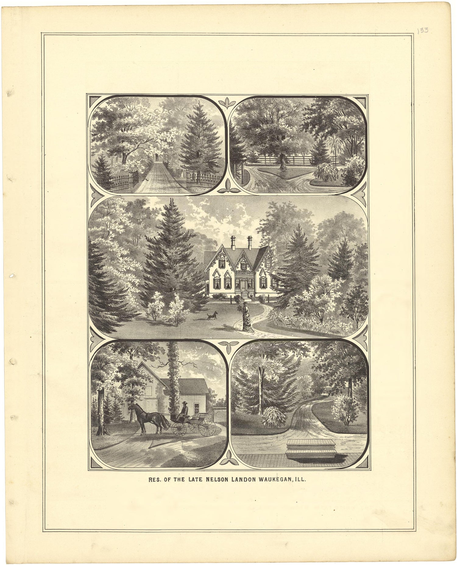 Illustration - Res. of the Late Nelson Landon from Illustrated Atlas of Lake County, Illinois : Containing Maps of Every Township In the County, With Village and City Plats : Also Maps of Michigan ... Texas, and Washington Territory : Compiled … 1885 by Relic Map Company